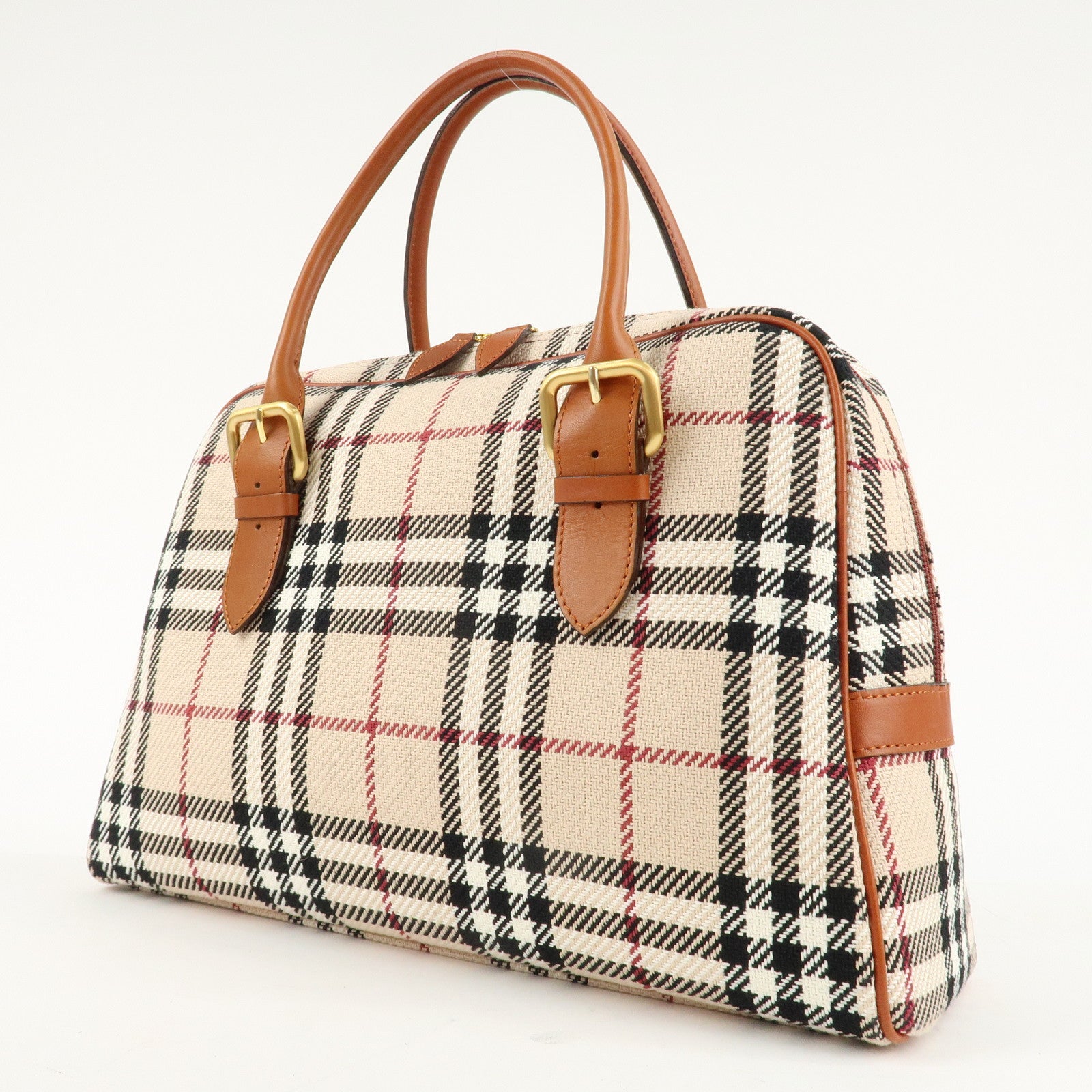 BURBERRY Leather Hand Bag Boston Bag Nova Plaid Brown