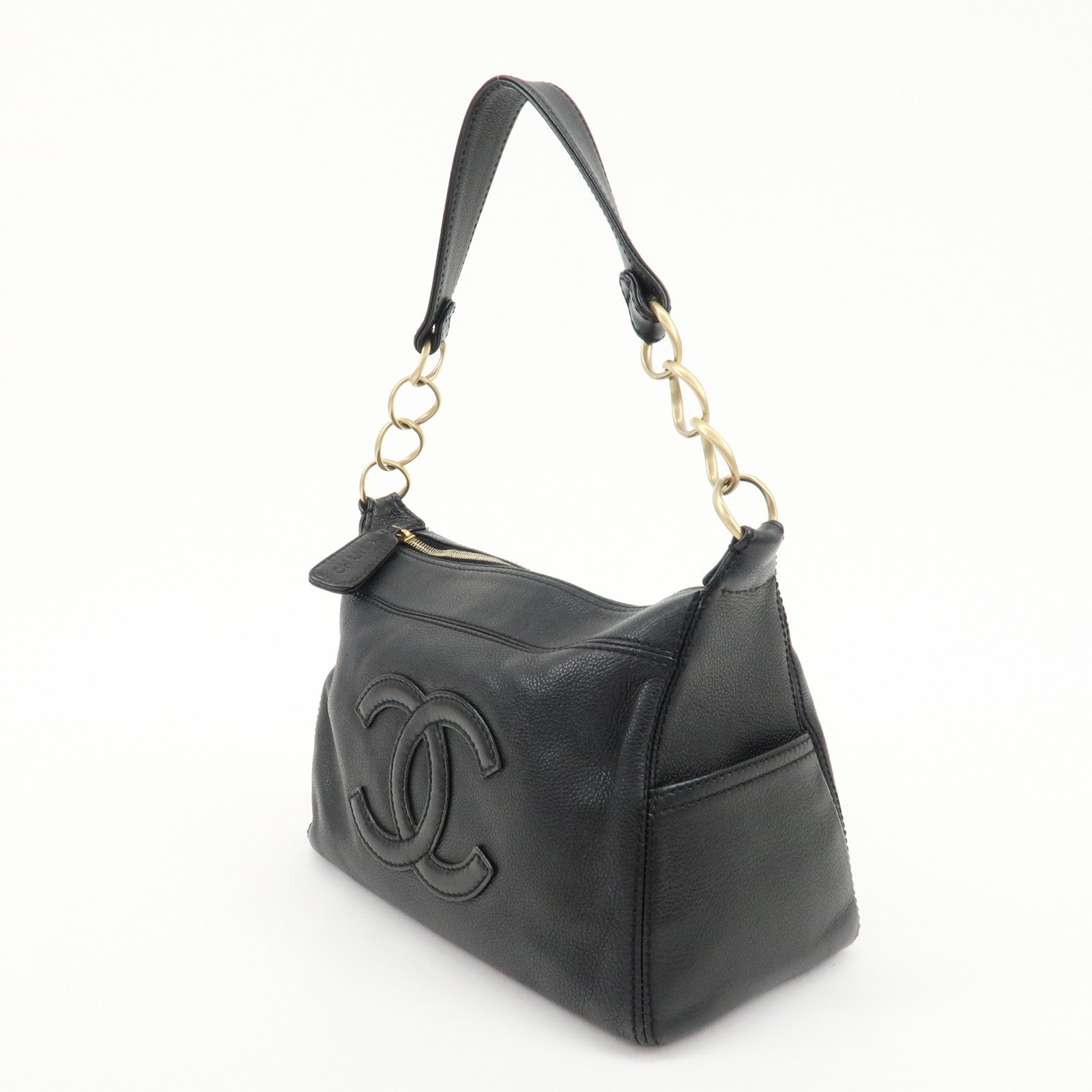 CHANEL Leather Coco Mark Shoulder Bag Hand Bag Black Used