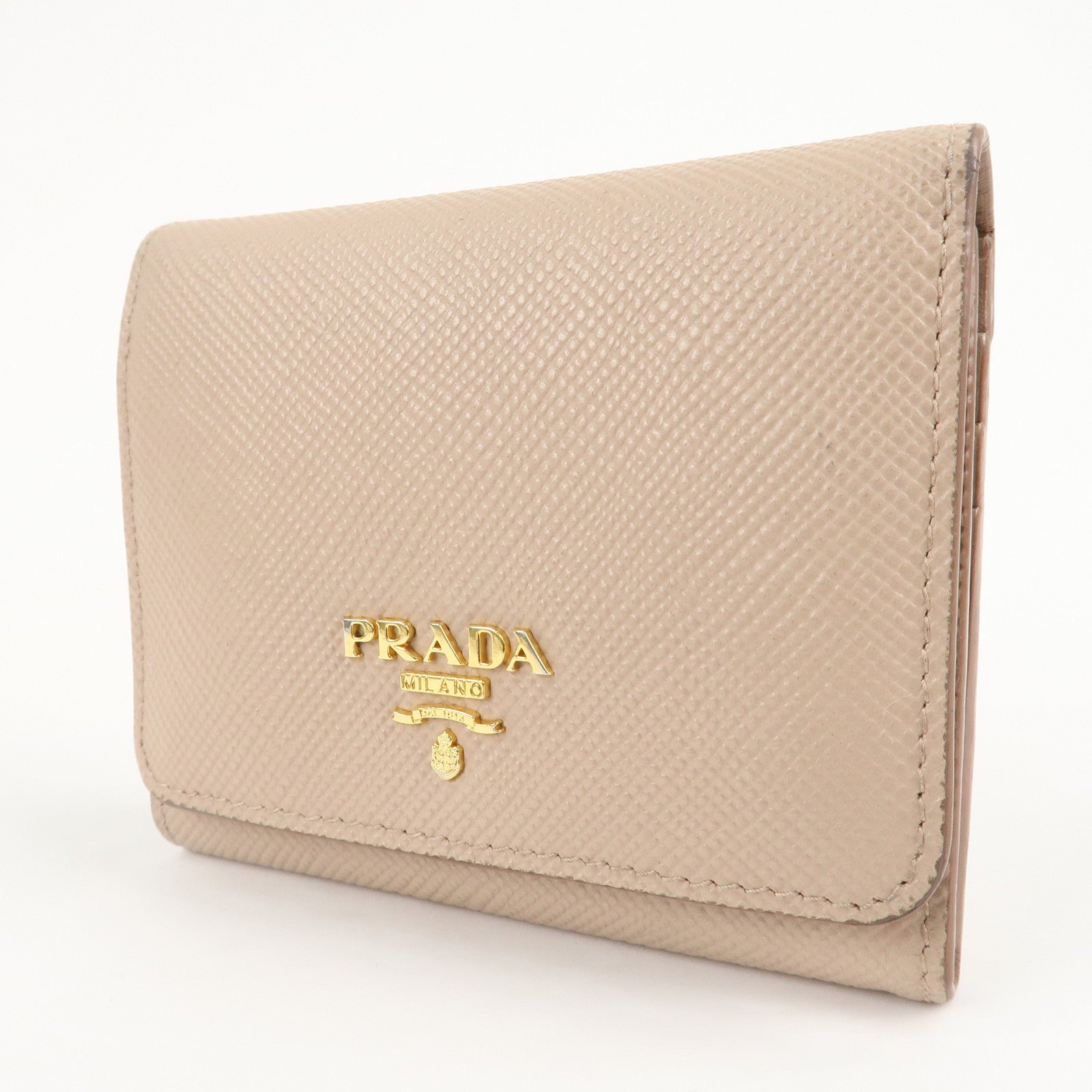 PRADA Saffiano Leather Trifold Compact Wallet Beige 1MH176