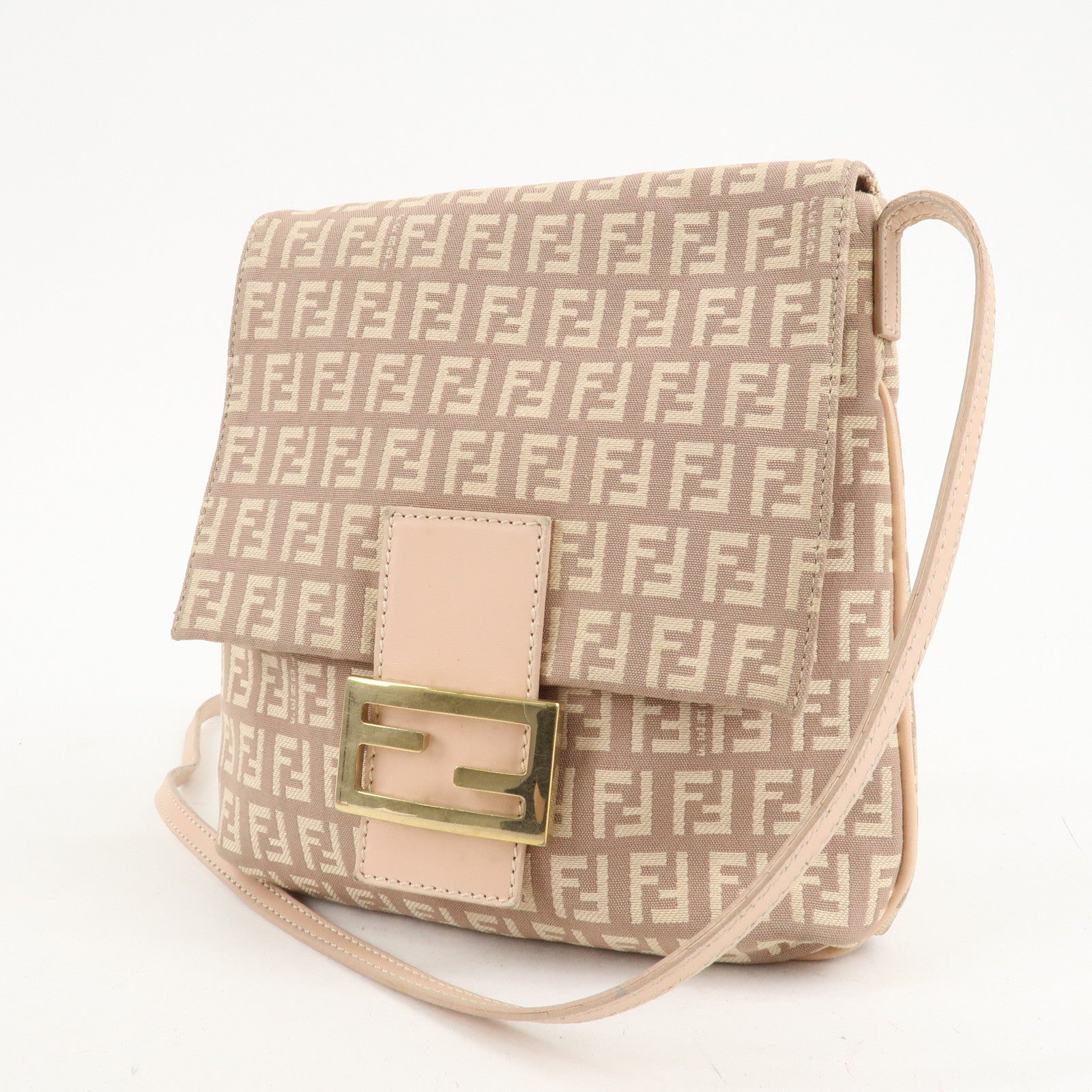 FENDI Zucchino Canvas Leather Shoulder Bag Pink Beige 8BT075 Used