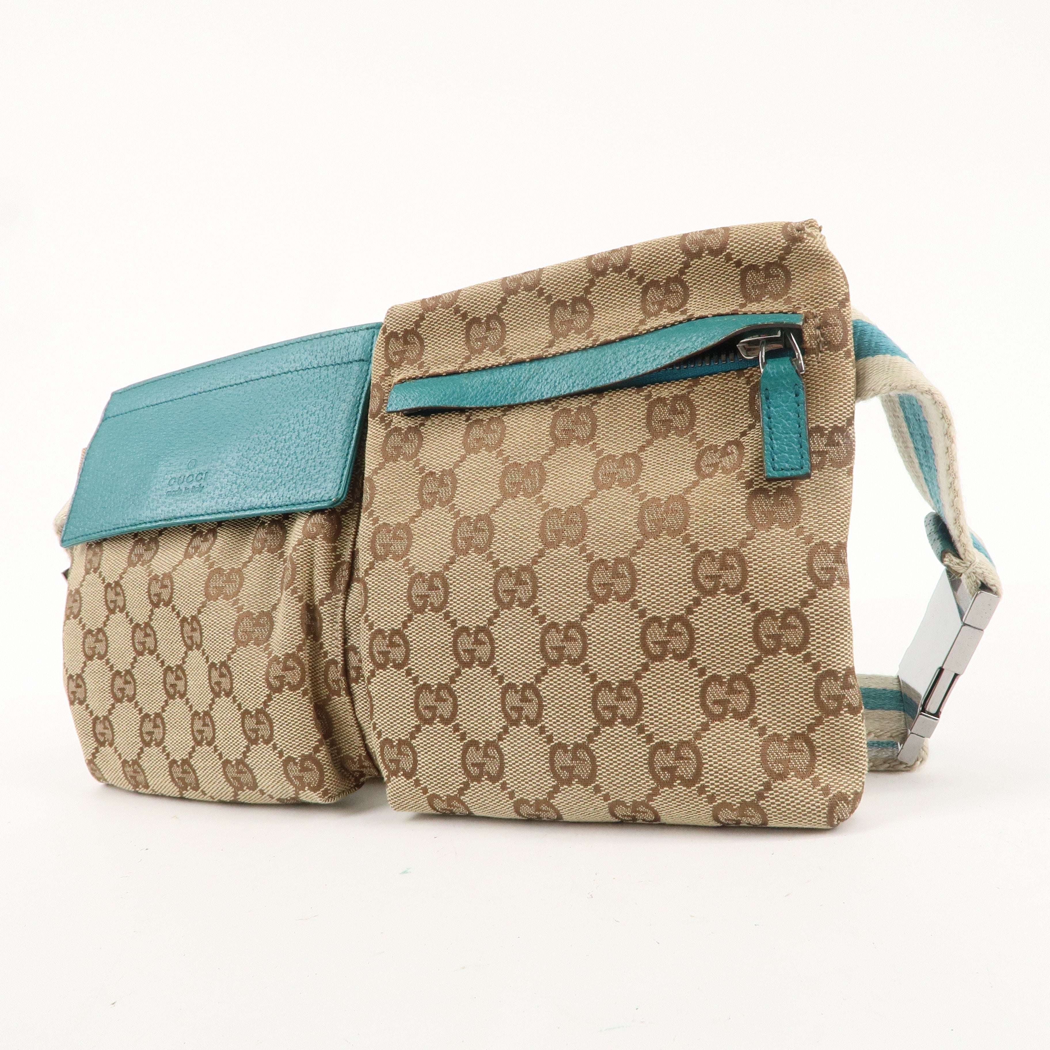 GUCCI GG Canvas Leather Waist Bag Crossbody Bag Turquoise 28566