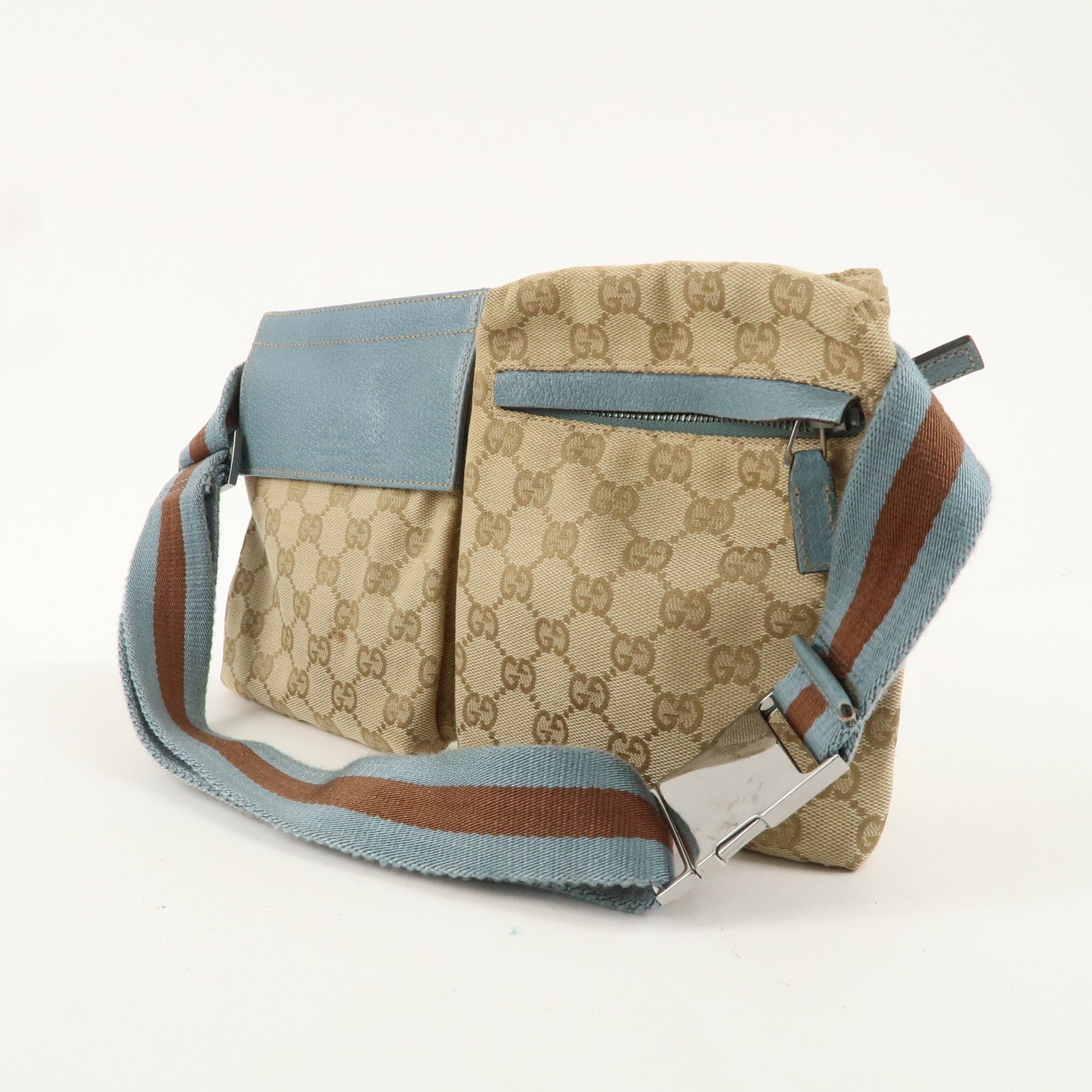 GUCCI Sherry GG Canvas Leather Waist Bag Beige Blue 28566