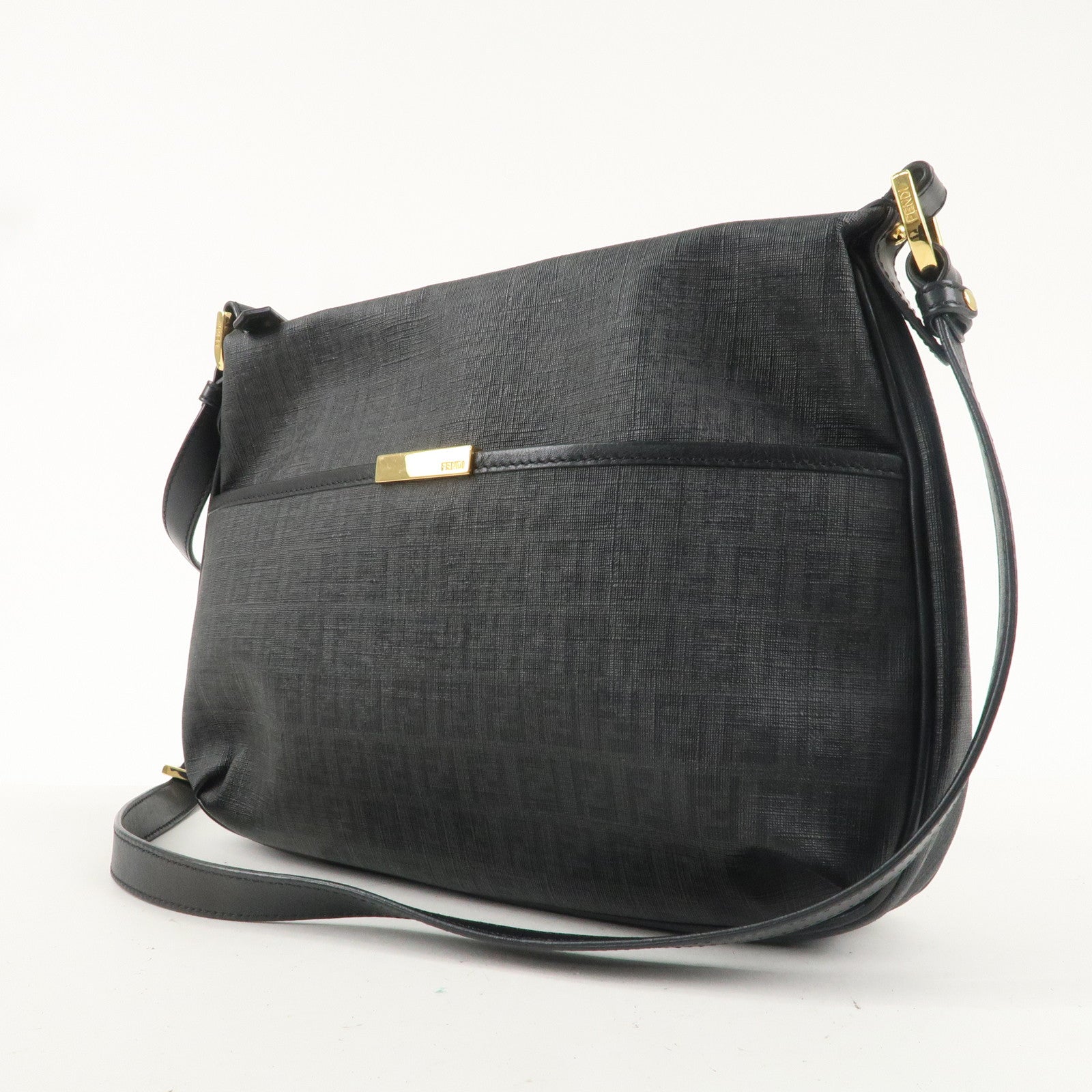 FENDI Zucchino Print PVC Leather Shoulder Bag Black 8BT206