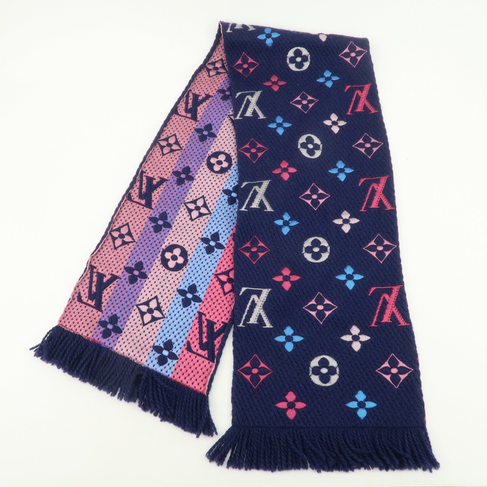 Louis Vuitton Escharpe Logo Mania Knit Scarf Navy Pink M70899 Used