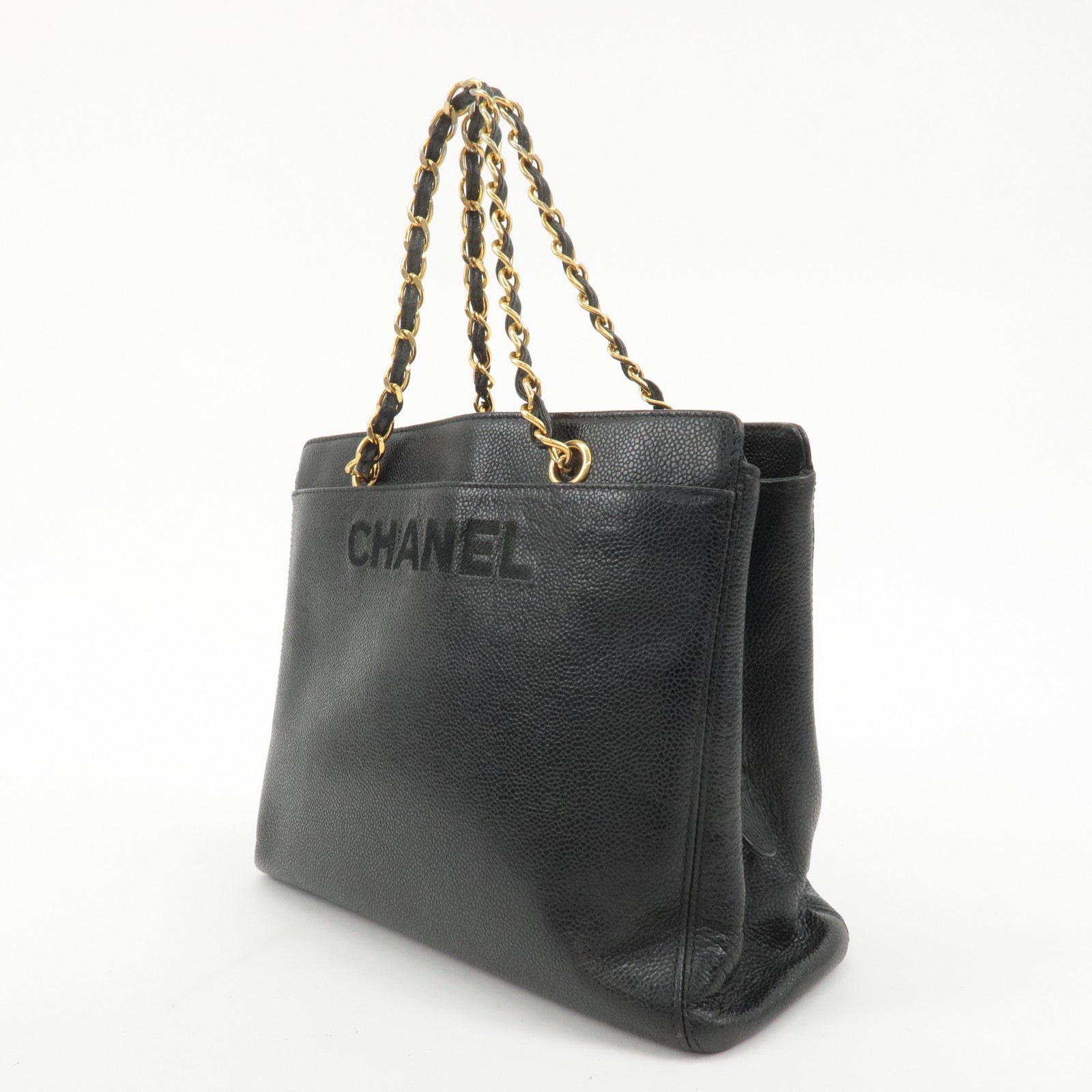 CHANEL Caviar Skin Chain Tote Bag Black Gold