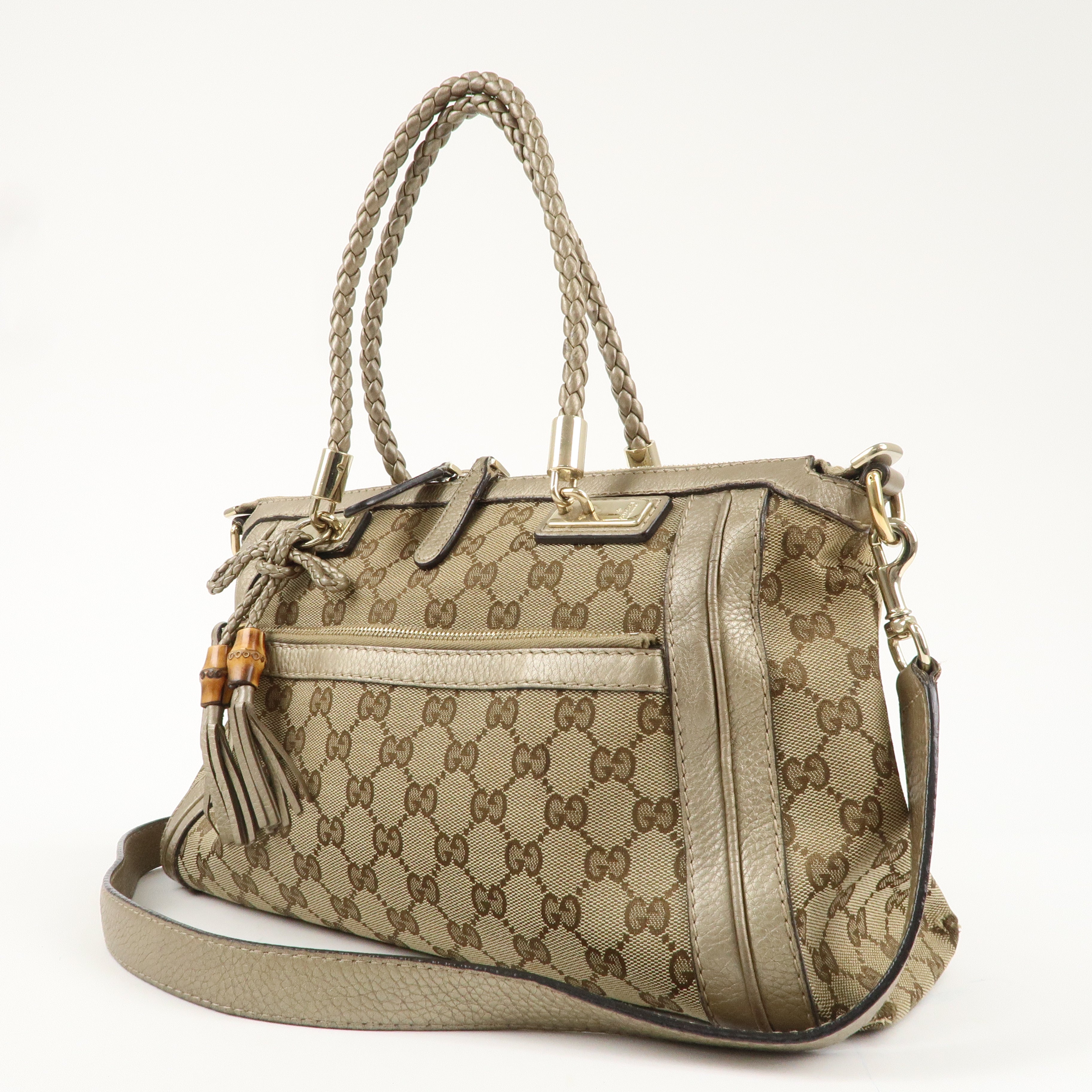 GUCCI GG Canvas Leather 2Way Shoulder Bag Beige Gold 282300