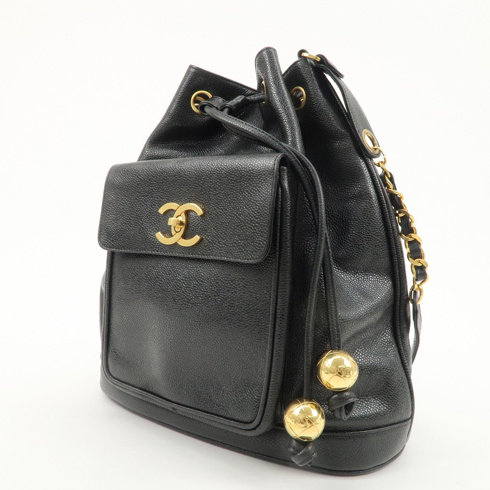 CHANEL Caviar SKin Drawstring Chain Shoulder Bag Black