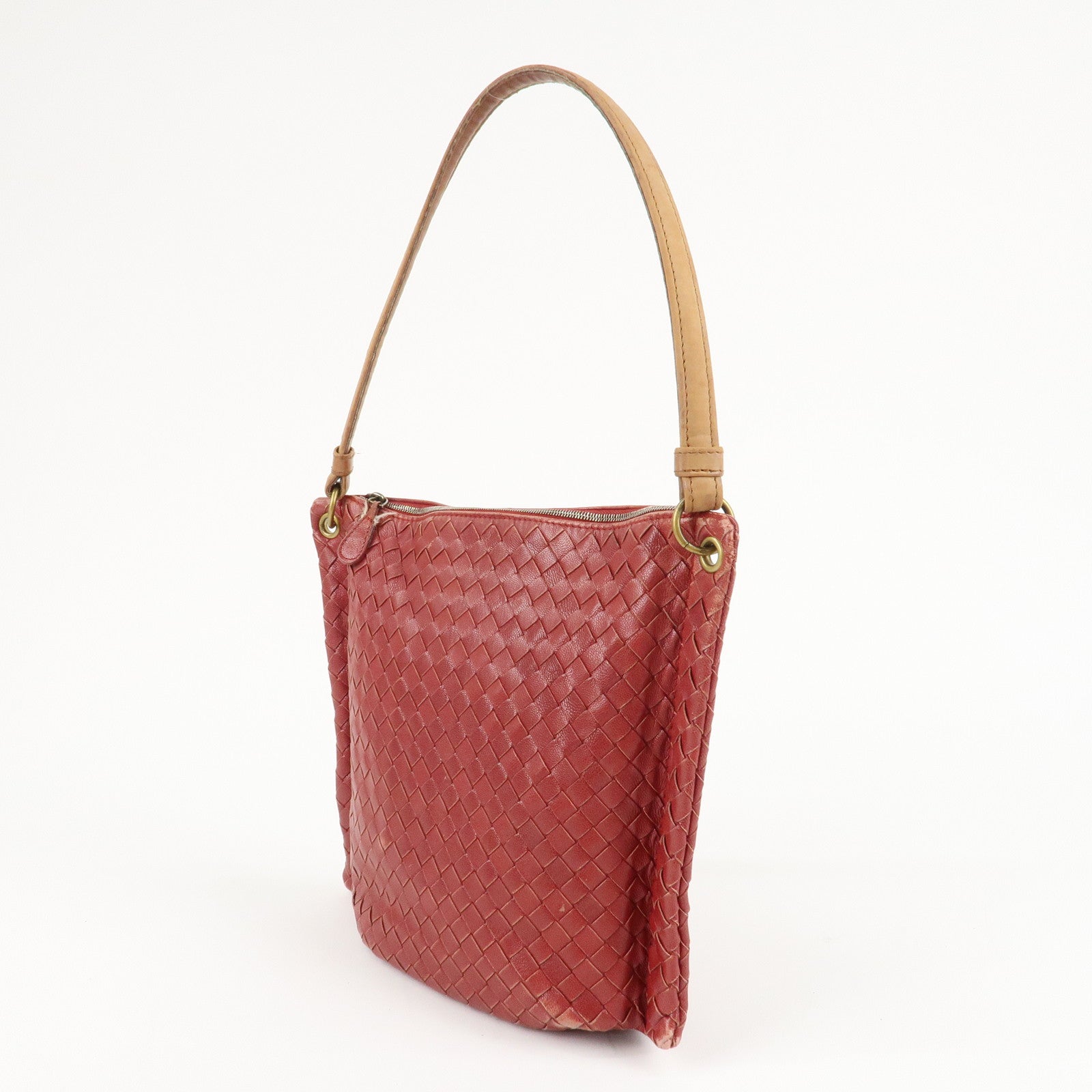 BOTTEGA VENETA Intrecciato Leather Shoulder Bag Red Beige 210236