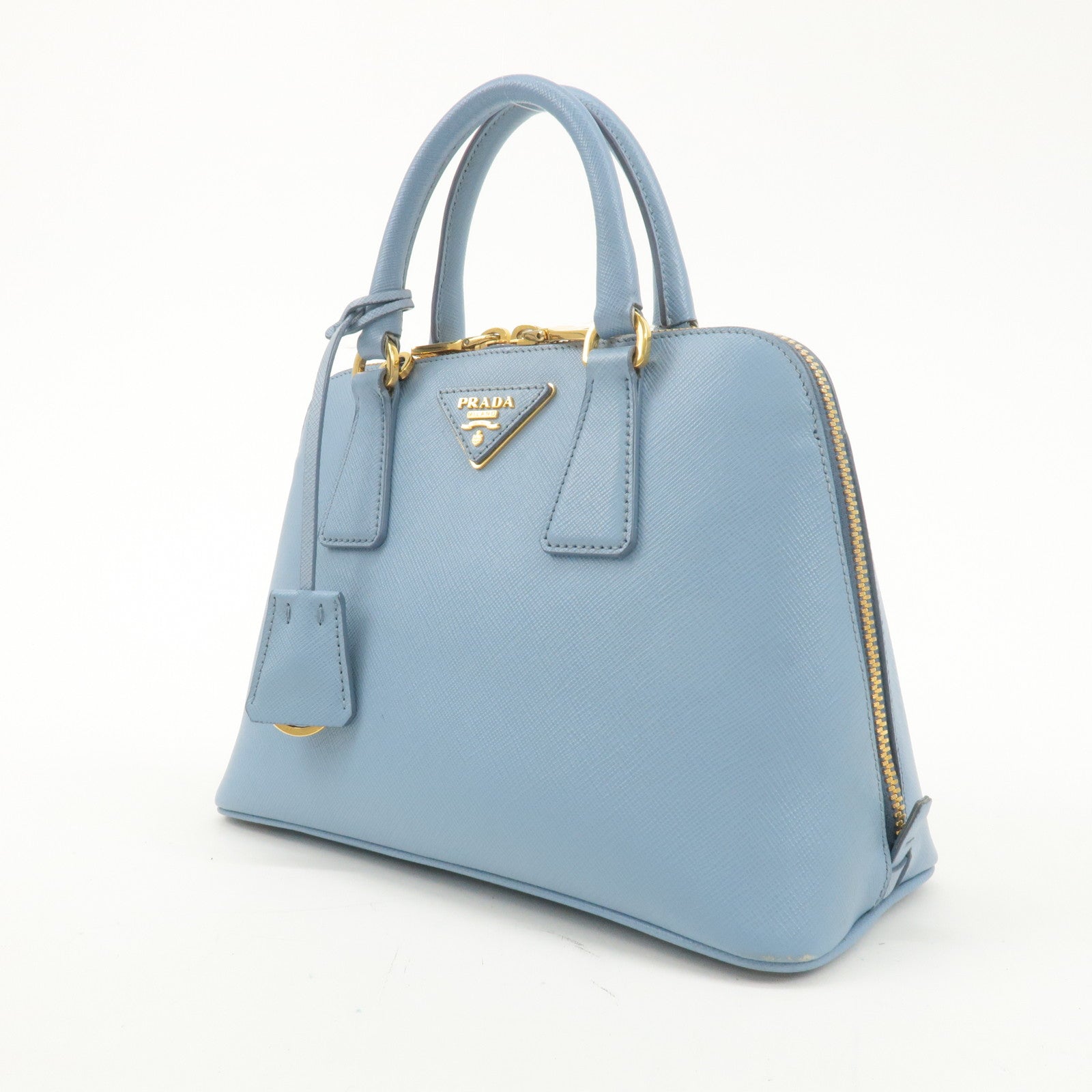 PRADA Triangle Logo Saffiano Leather Hand Bag Light Blue