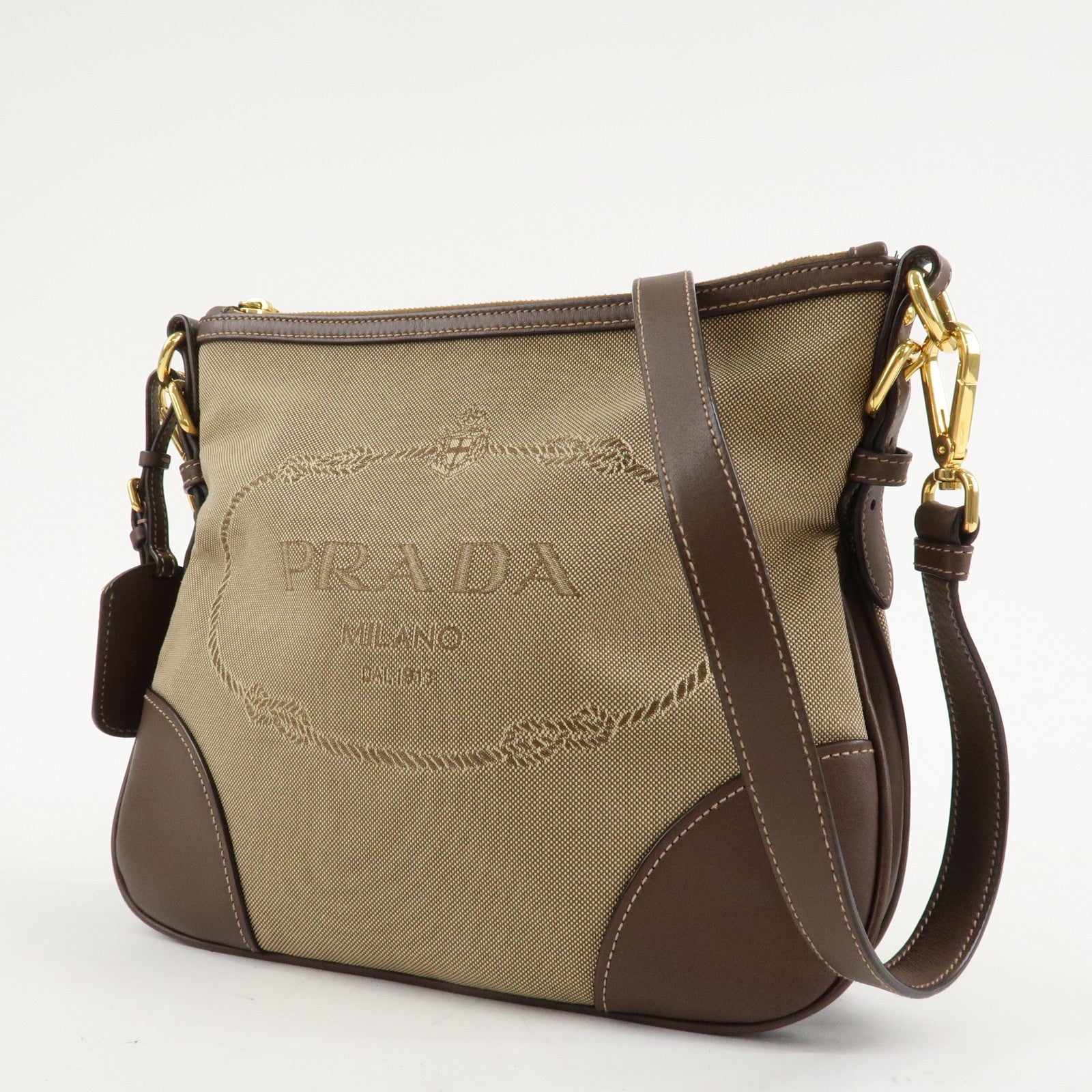 PRADA Jacquard Leather Shoulder Bag Purse Beige Brown BT867A Used