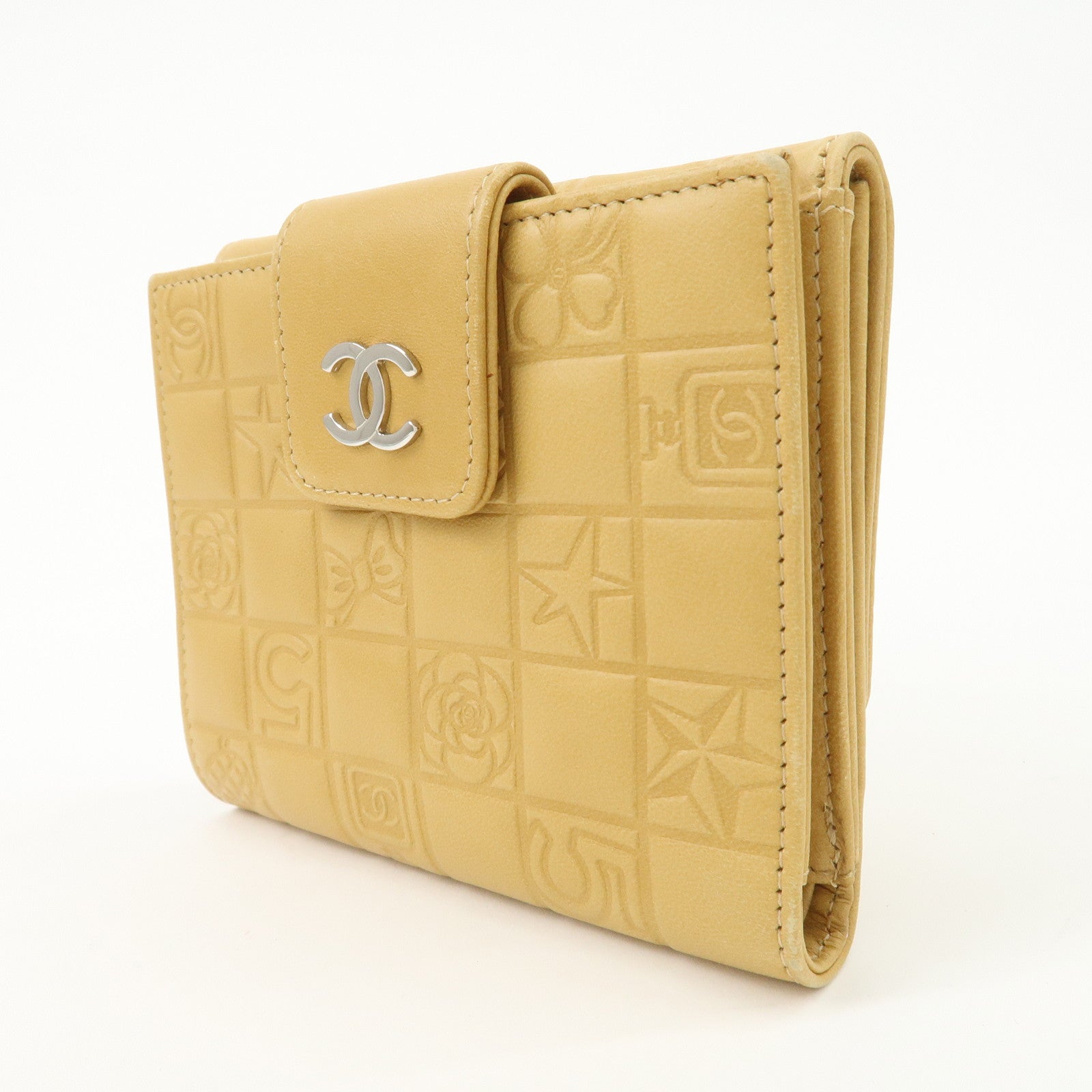 CHANEL Icon Line Lamb Skin W Flap Bi-fold Wallet Beige A24212