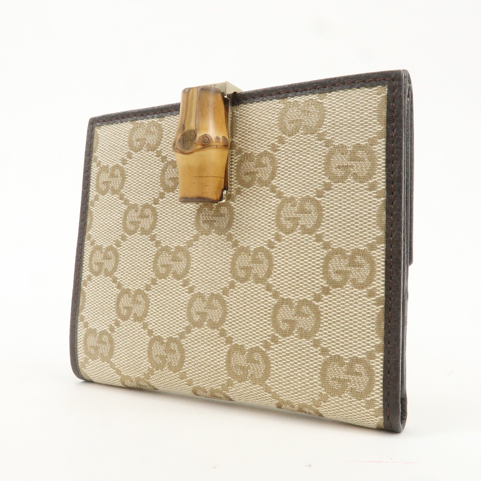 GUCCI Bamboo GG Canvas Leather Double Hook Bifold Wallet 335970