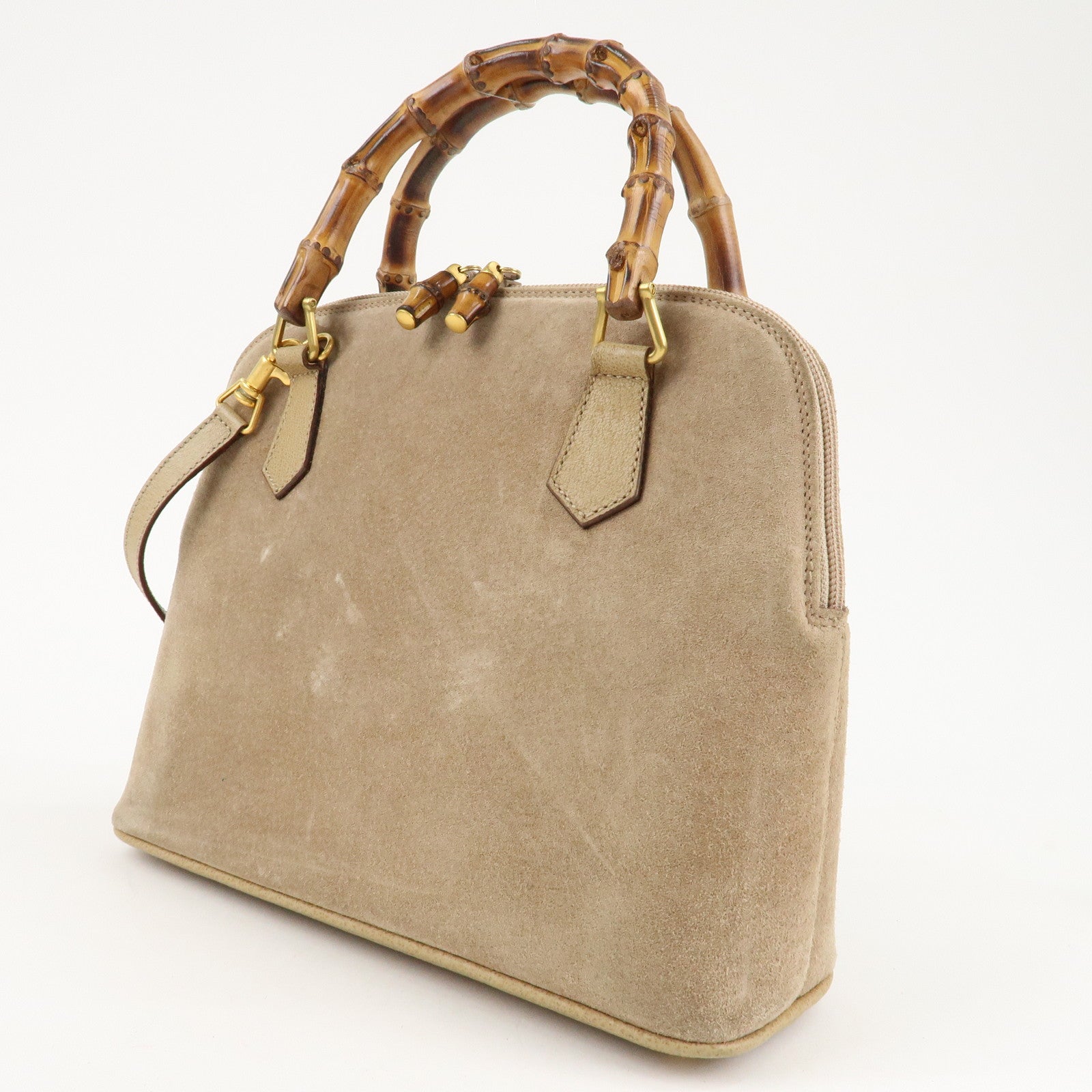 GUCCI Bamboo Suede Leather 2WAY Bag 000.2214.0290 Beige Used