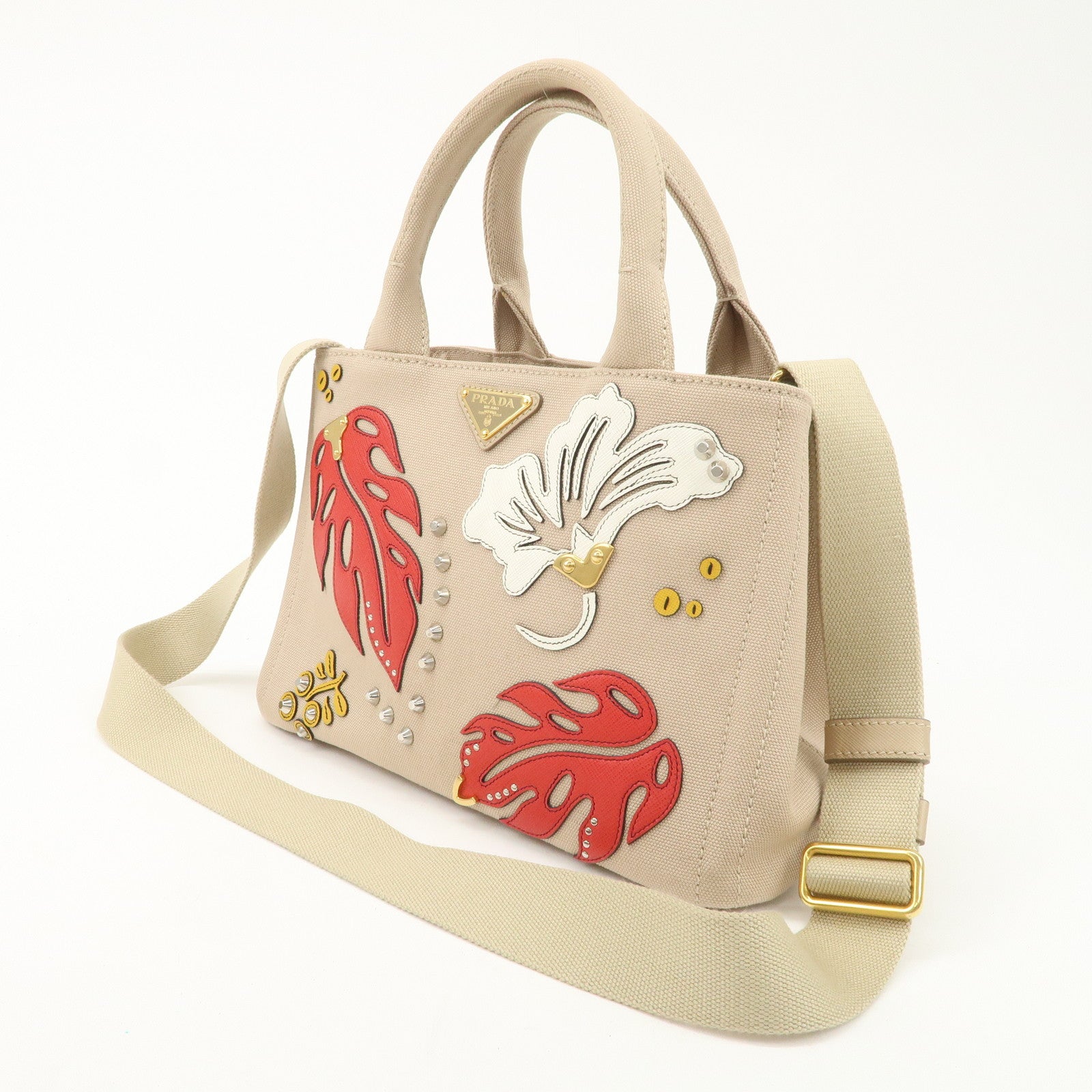 PRADA Hibiscus Canapa Mini Canvas Leather 2Way Bag Beige 1BG439