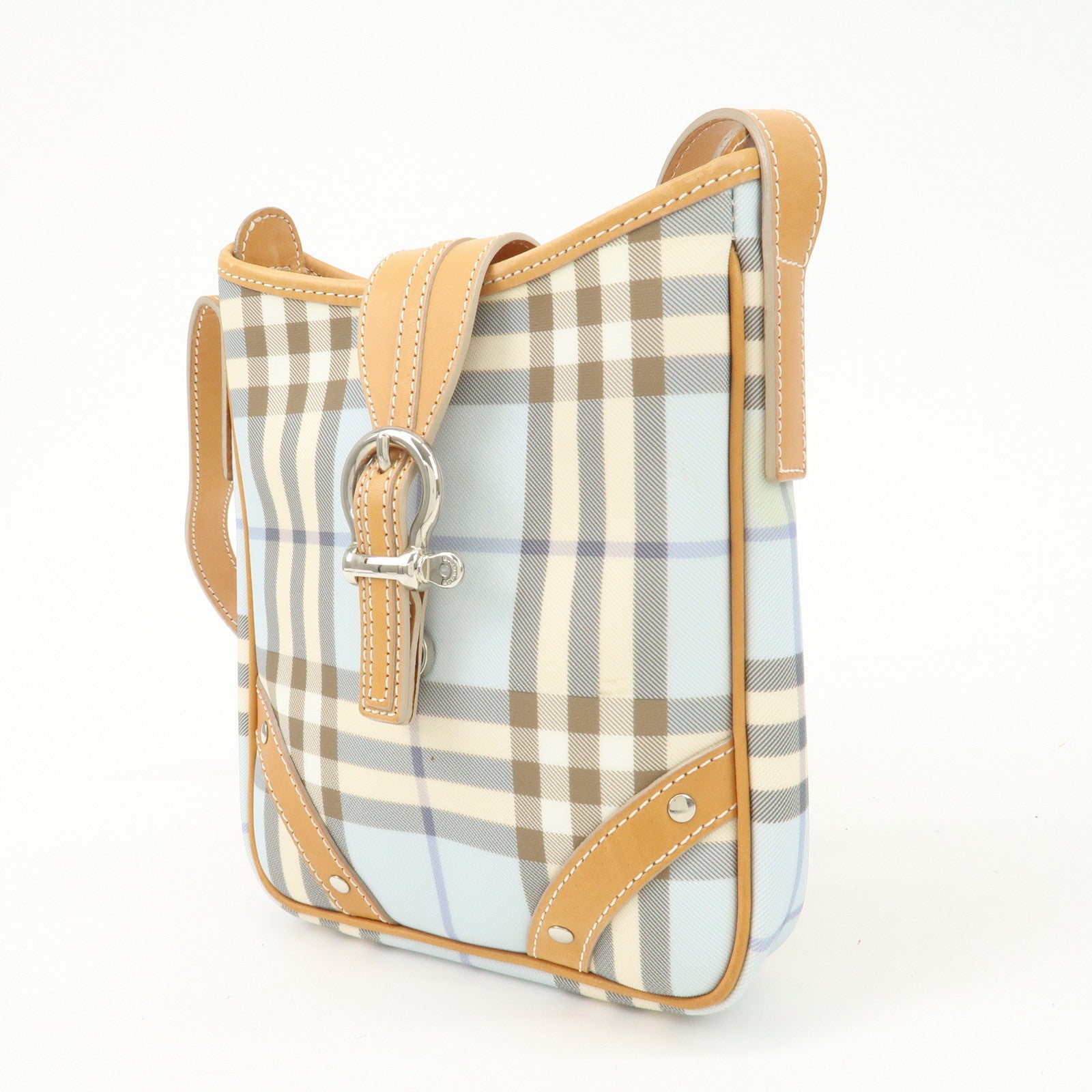 BURBERRY PVC Leather Nova Plaid Shoulder Bag Hand Bag Beige Blue