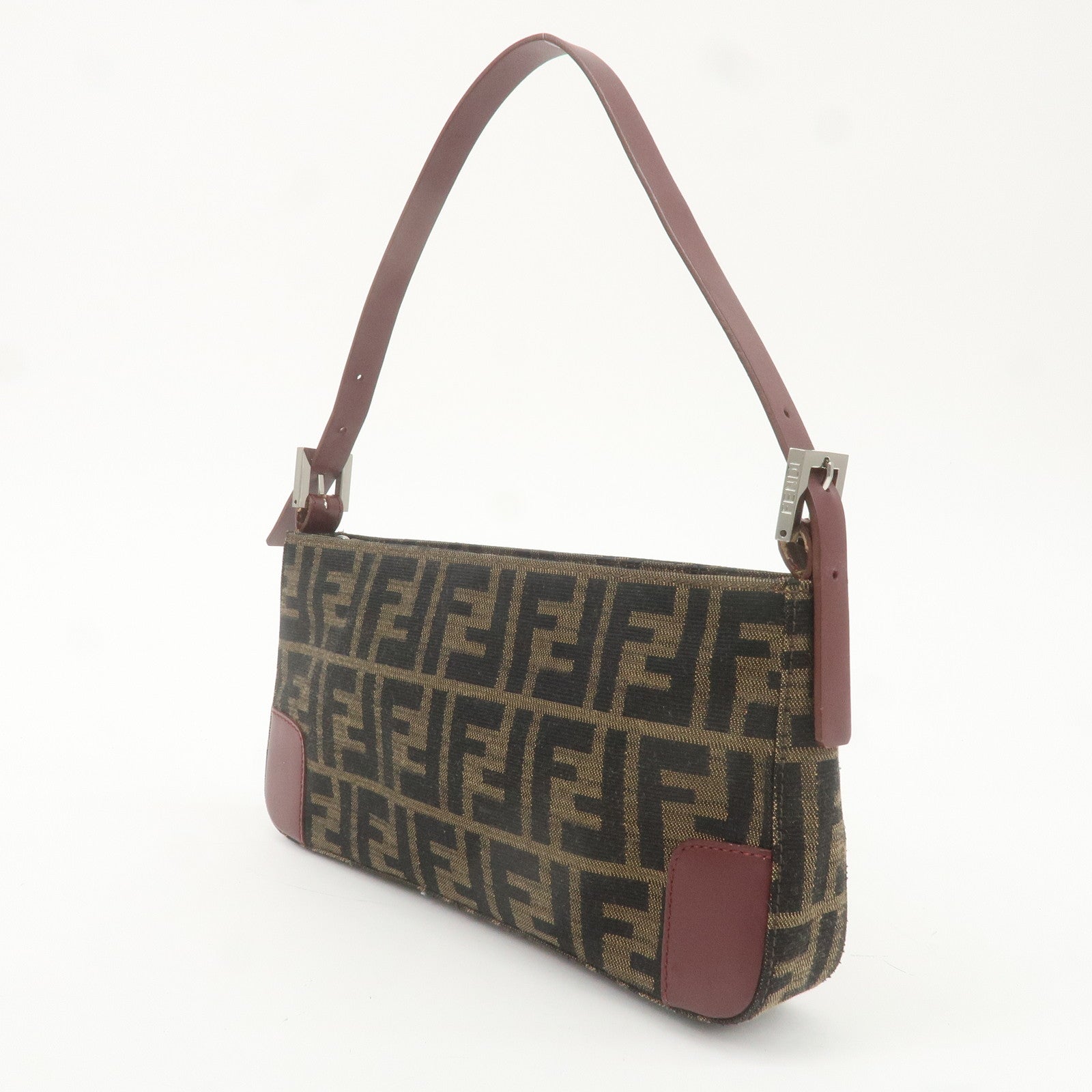 FENDI Zucca Canvas Leather Shoulder Bag Brown Bordeaux 8BR207