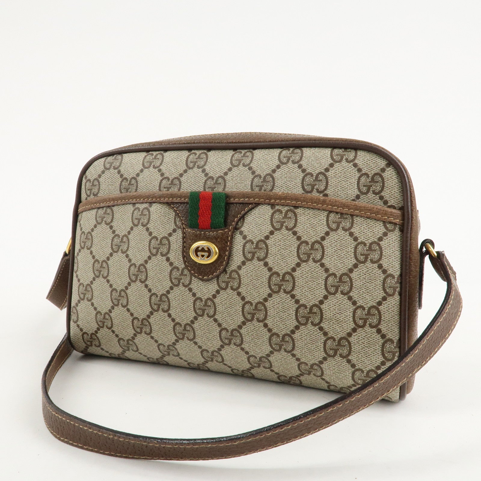 GUCCI Old GUCCI Sherry GG Plus Leather Shoulder Bag Beige Brown