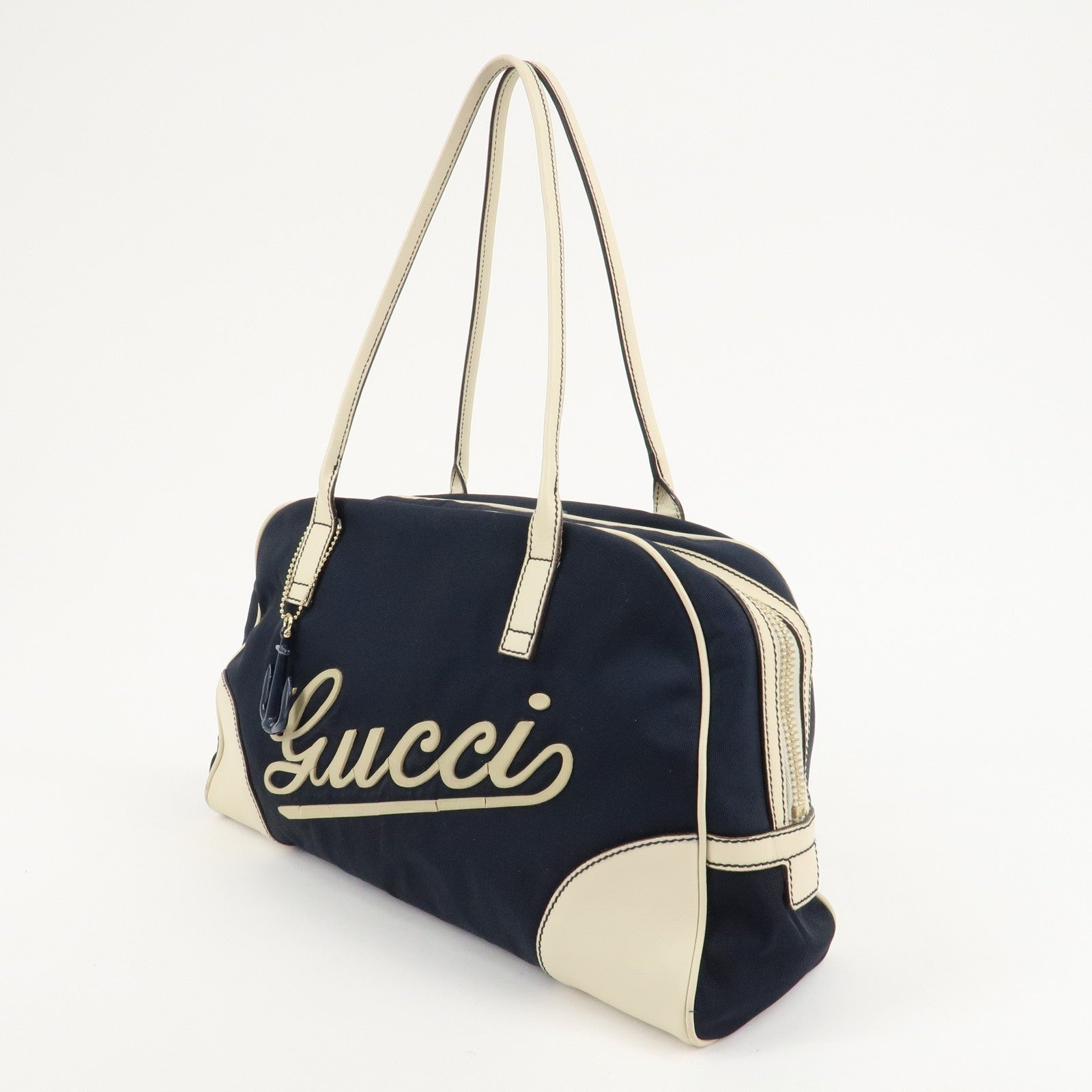 GUCCI Canvas Leather Boston Bag Hand Bag Navy Ivory 169973 Used