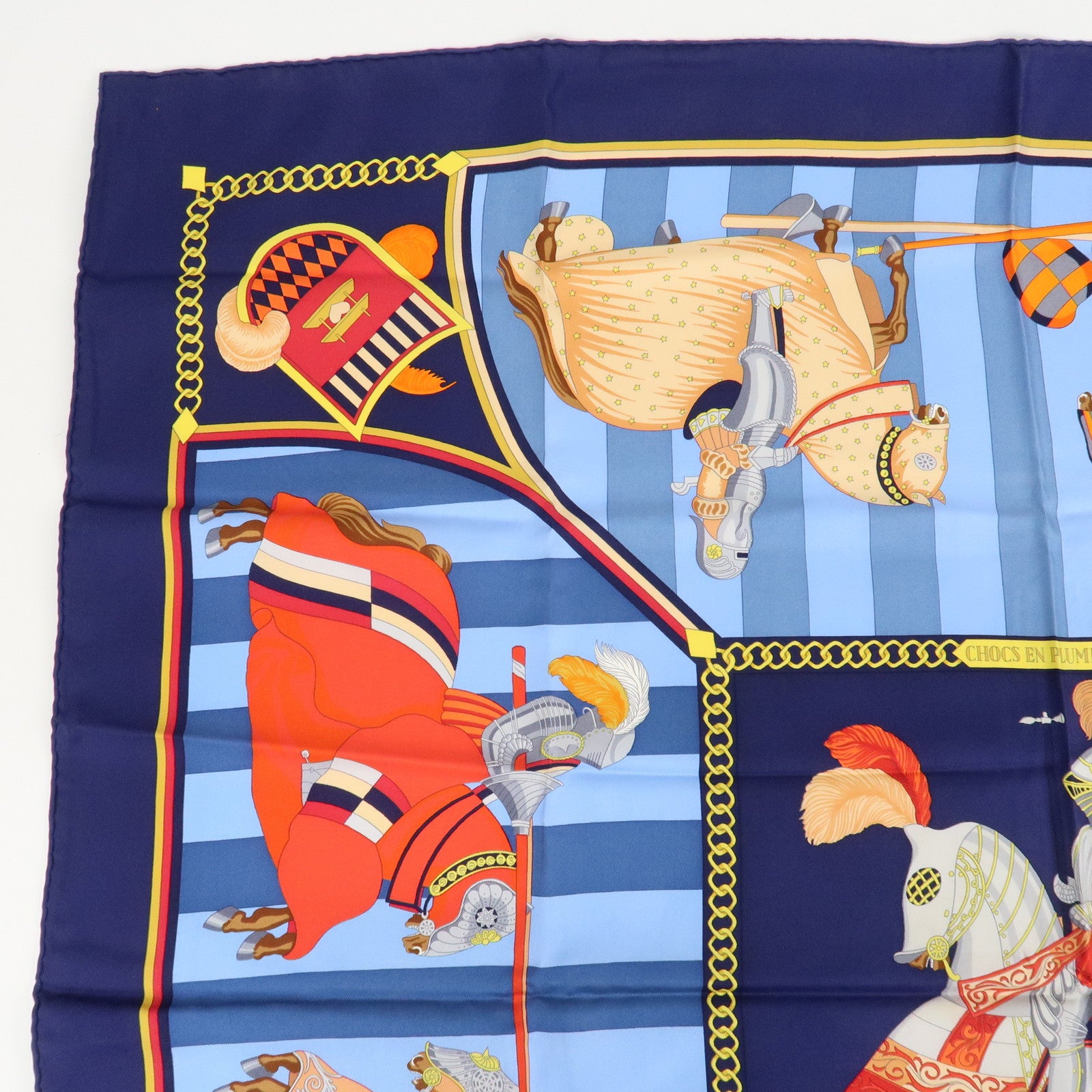 HERMES Carre 90 Silk 100% Scarf CHOCS EN PLUMES Navy Blue Red Used