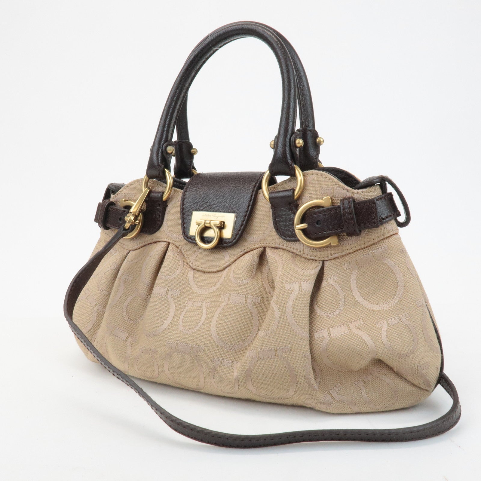 Ferragamo Gancini Canvas Leather 2Way Bag Beige Dark Brown