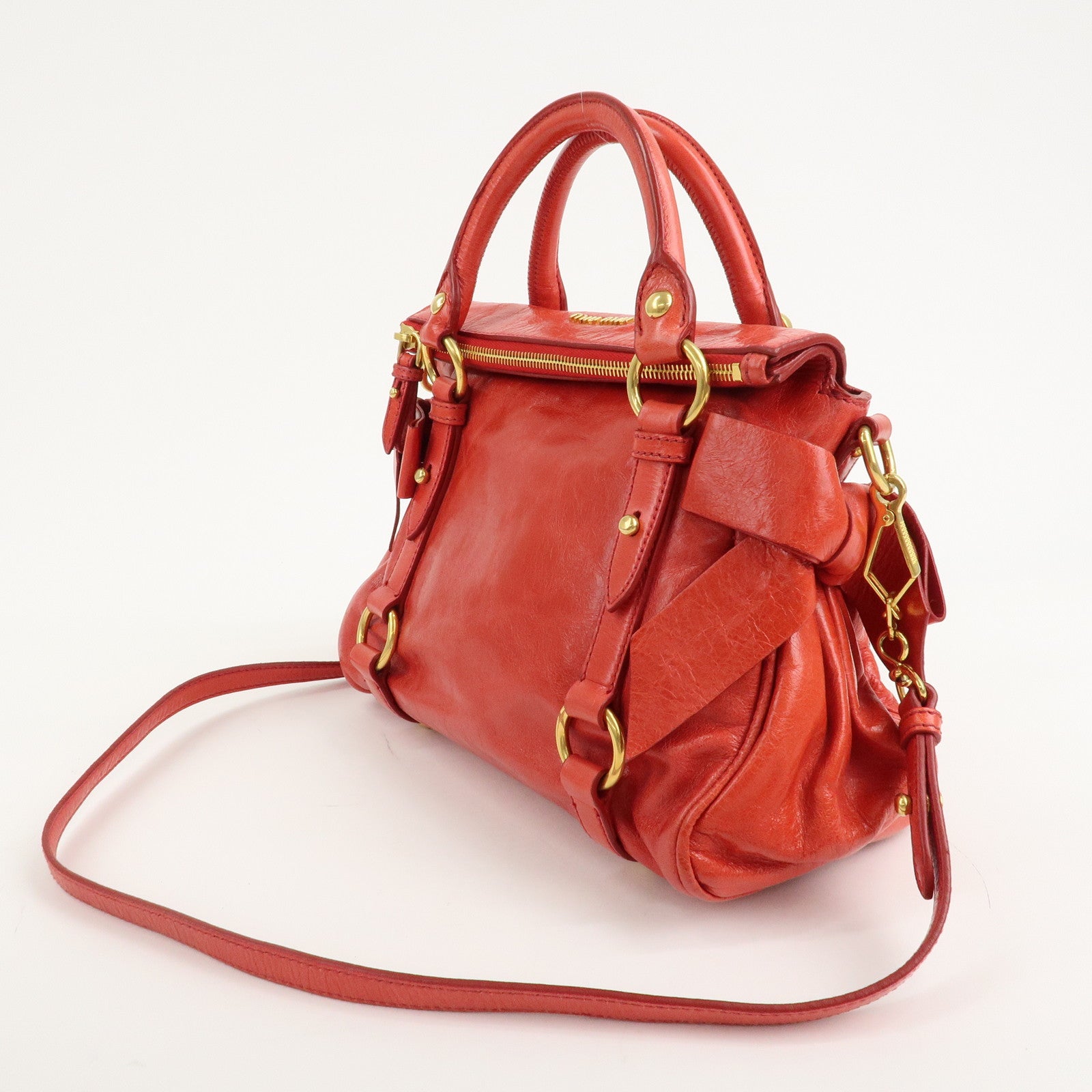 MIU MIU Leather Ribbon 2 Way Hand Bag Shoulder Bag Red Used