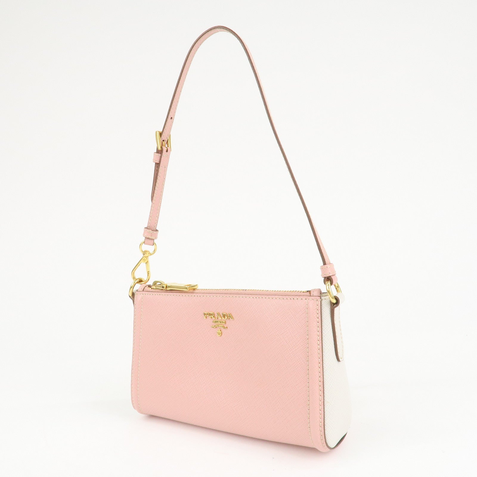 PRADA Logo Leather Shoulder Bag Pink Gold Hardware Used