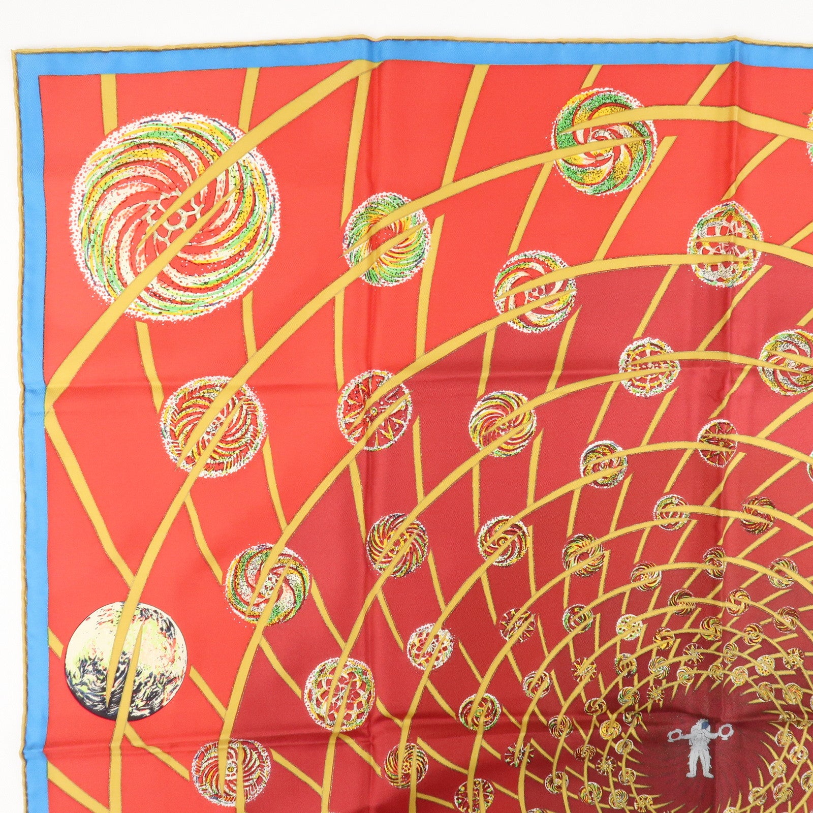 HERMES Carre 90 Silk 100% Scarf LES FEUX DE LESPACE Red Gold Blue Used