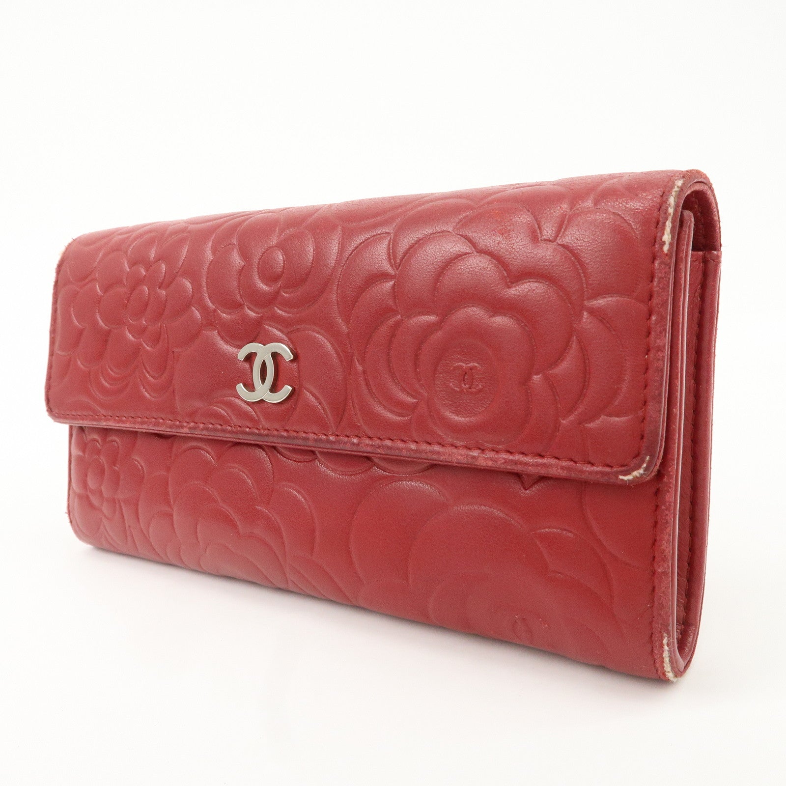 CHANEL Camelia Lamb Skin Bi-fold Long Wallet Red