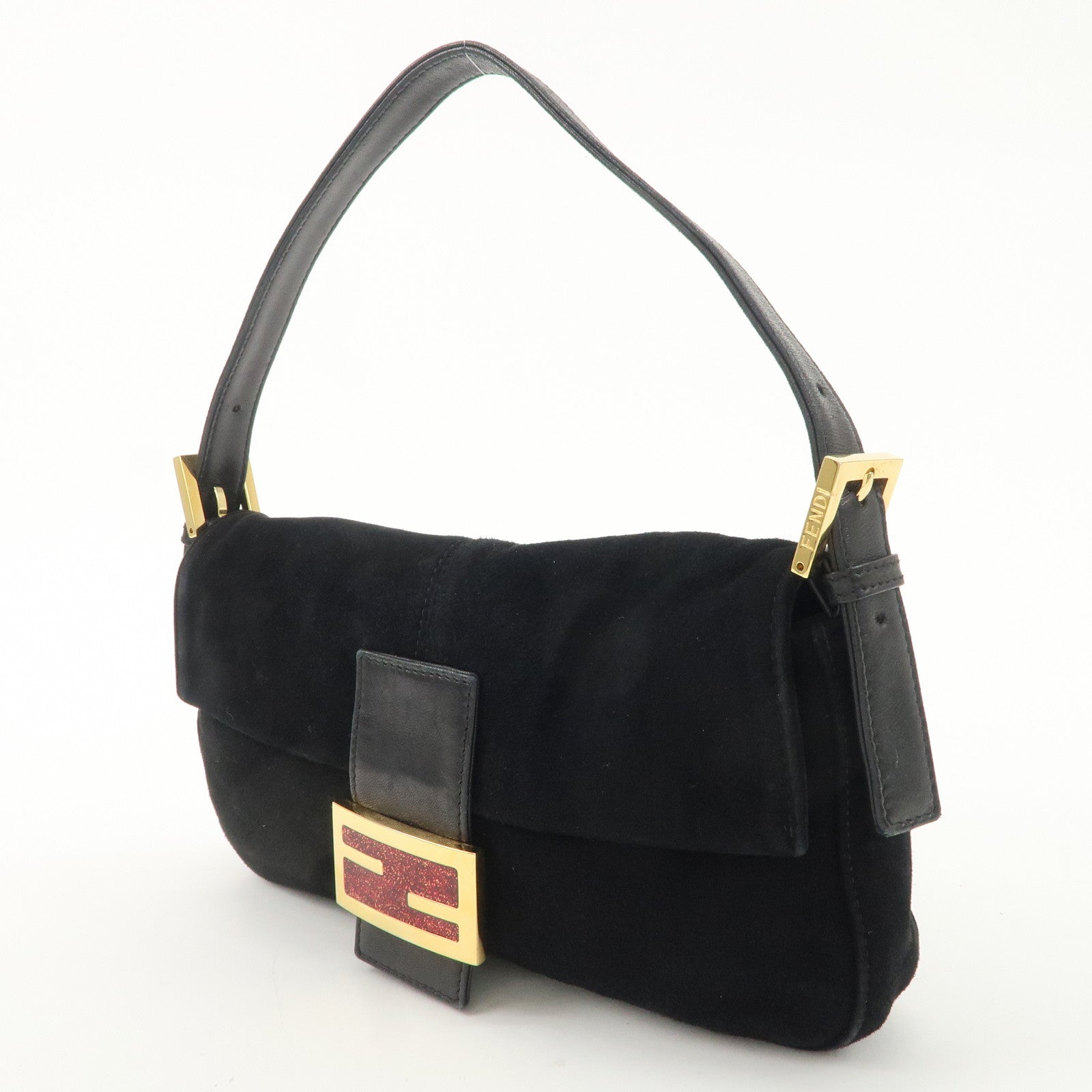 FENDI Mamma Bucket Suede Leather Shoulder Bag Black 26424