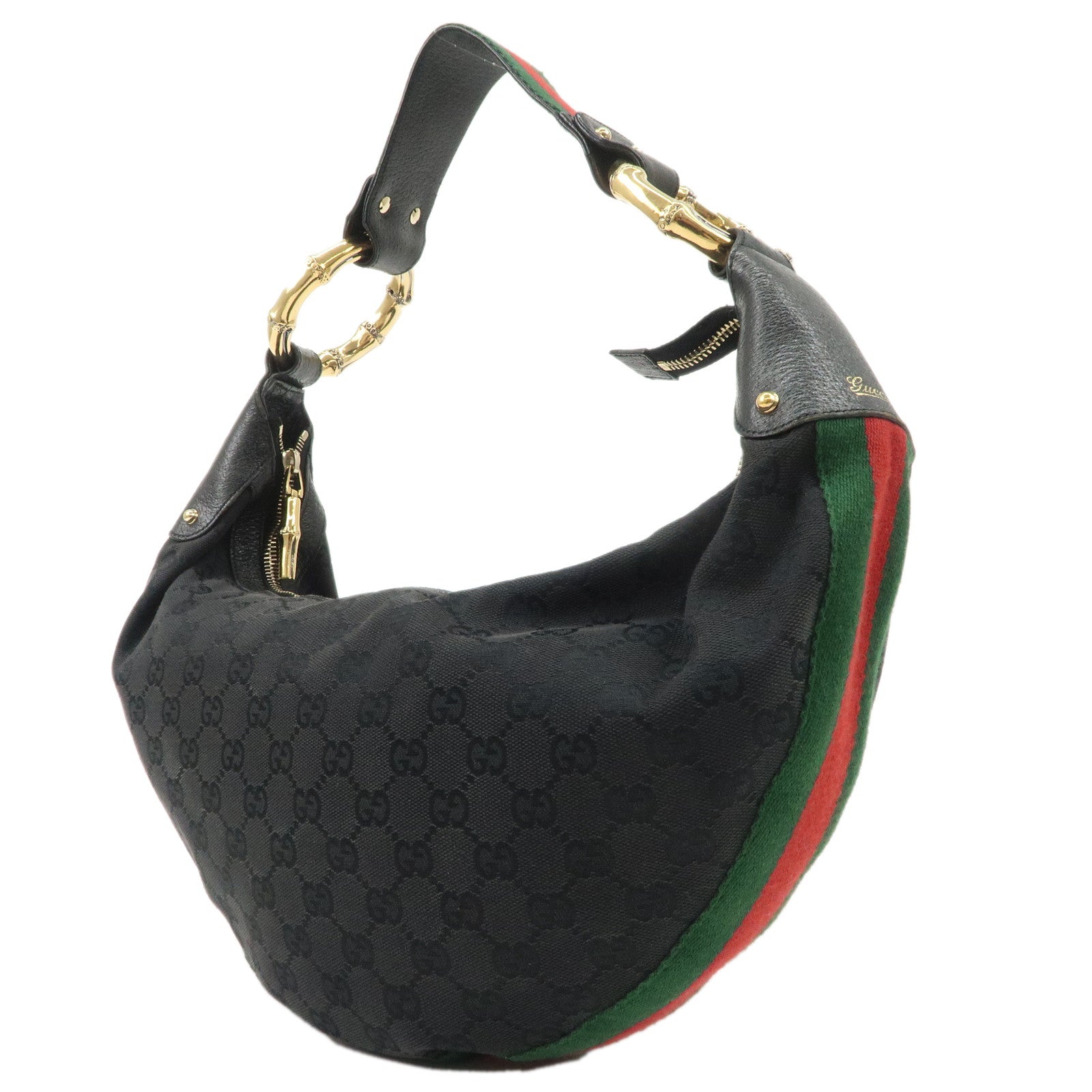 GUCCI Bamboo Sherry GG Canvas Leather Shoulder Bag Black 131036