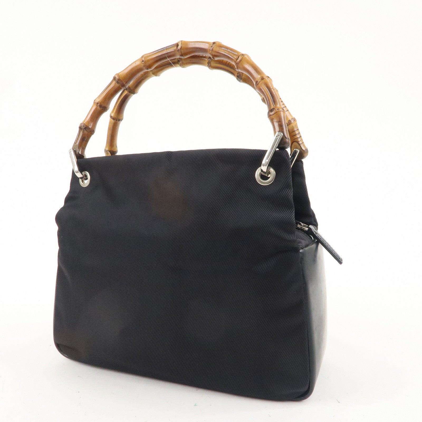 GUCCI Bamboo Nylon Leather Hand Bag Black 000.3444.0575