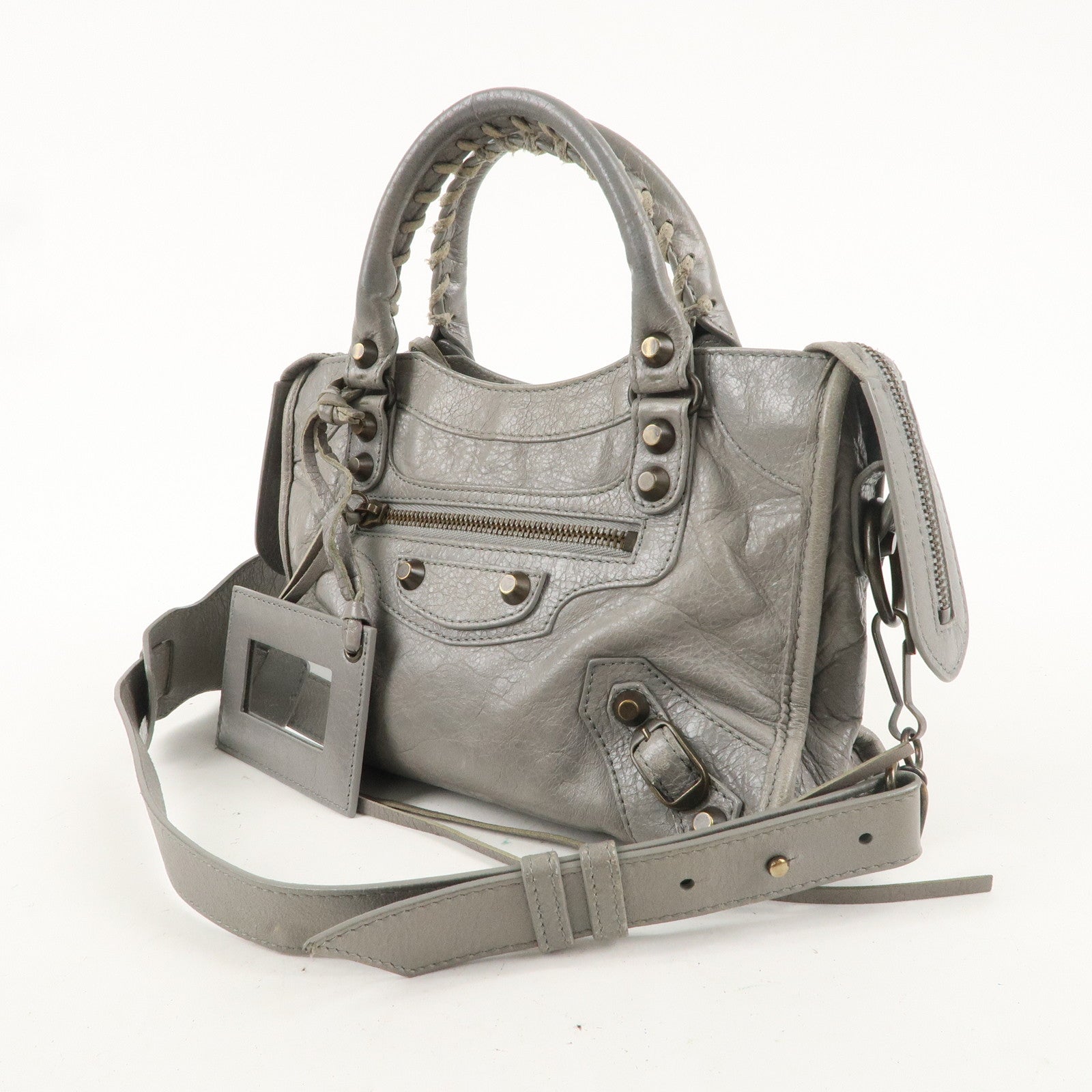 BALENCIAGA Leather Classic Mini City 2Way Bag Light Gray 300295