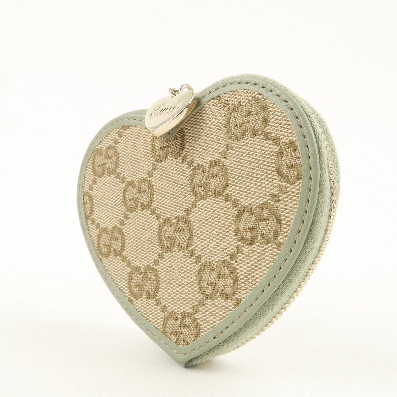 GUCCI GG Canvas Leather Heart Coin Case Wallet Light Green 152615