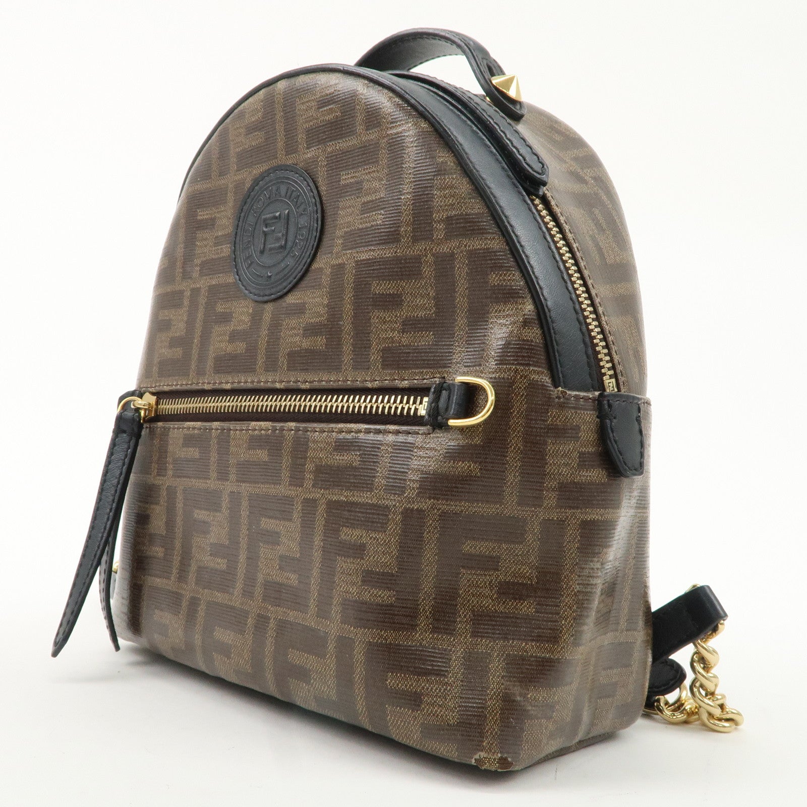 FENDI Zucca Print PVC Leather Chain Backpack Brown 8BZ038 Used