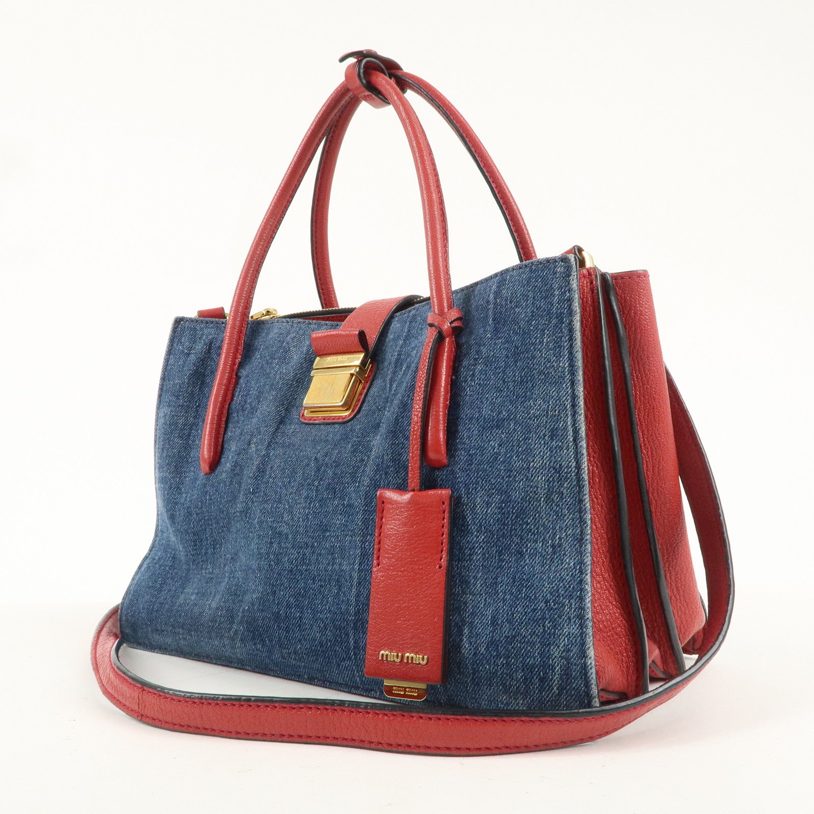 MIU MIU Denim Leather 2Way Tote Bag Shoulder Bag Blue Red