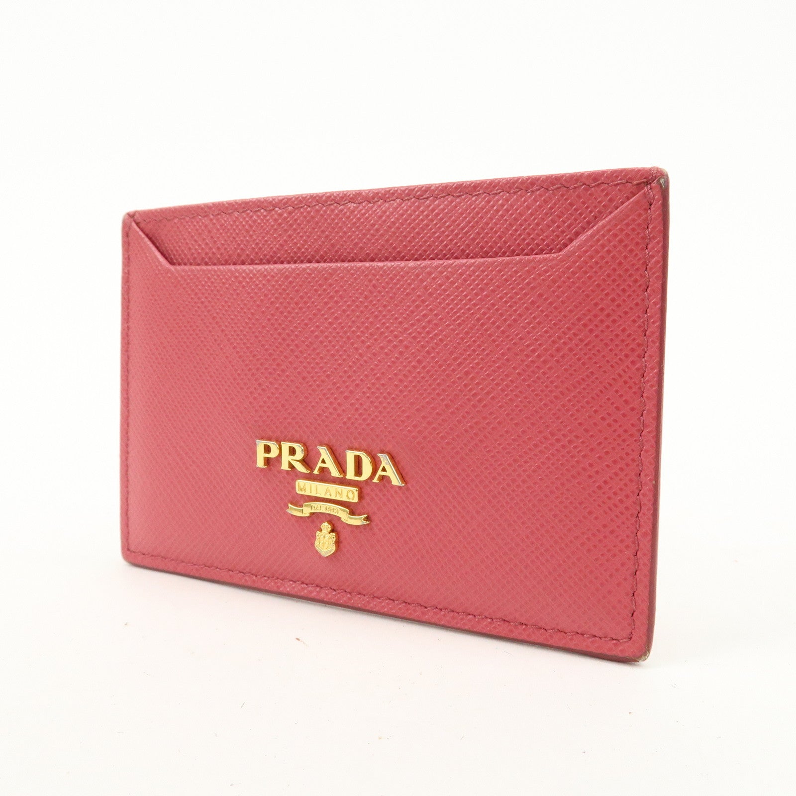 PRADA Logo Saffiano Leather Card Case Card Holder Pink Gold HDW