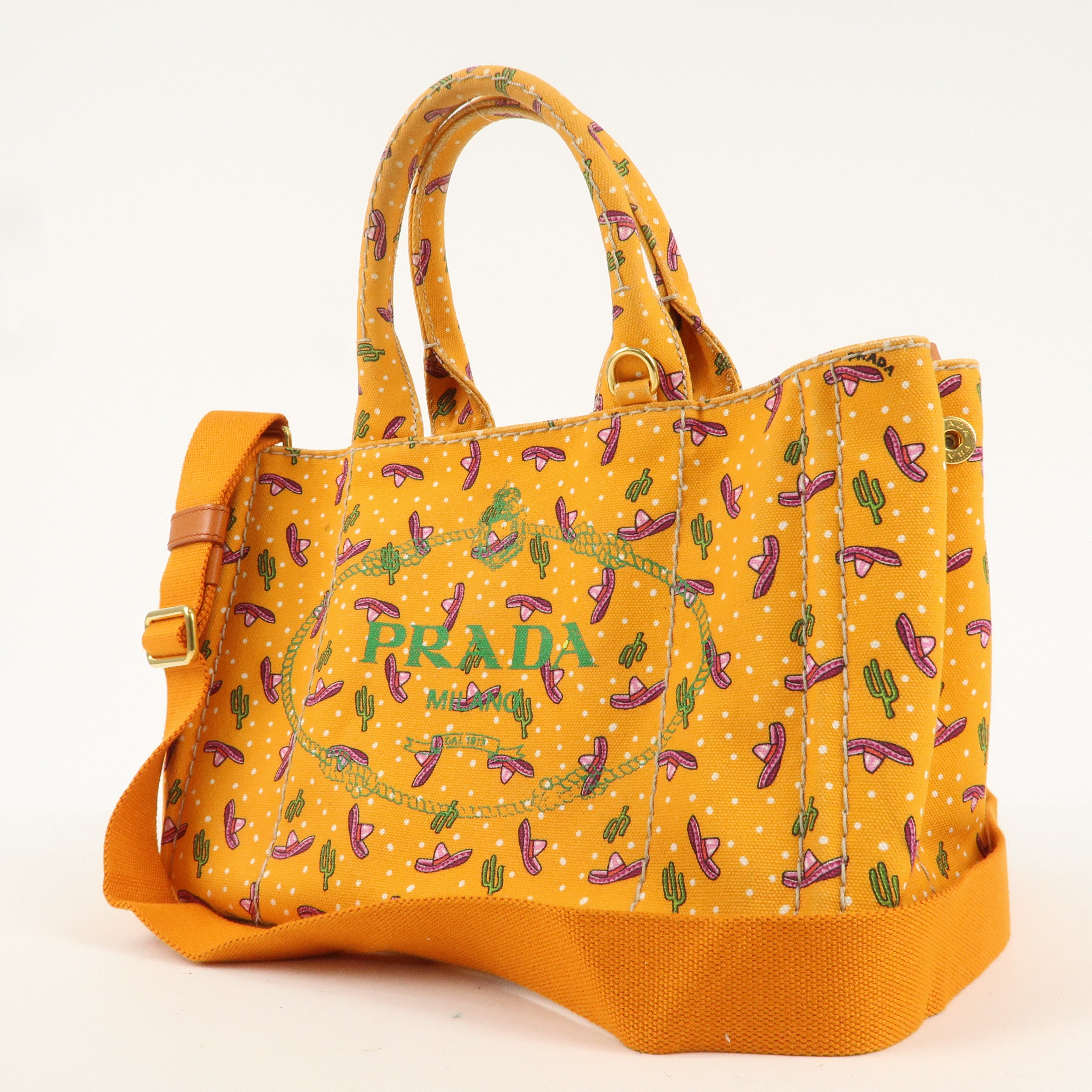 PRADA Canapa Mini Canvas 2Way Bag Cactus Pattern Orange 1BG439