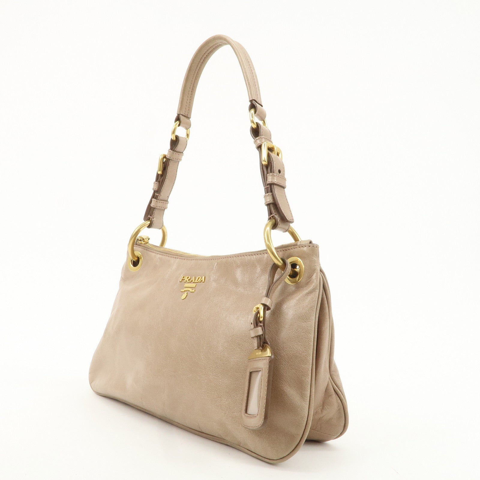 PRADA Leather Shoulder Bag Hand Bag Beige BR4984 Used