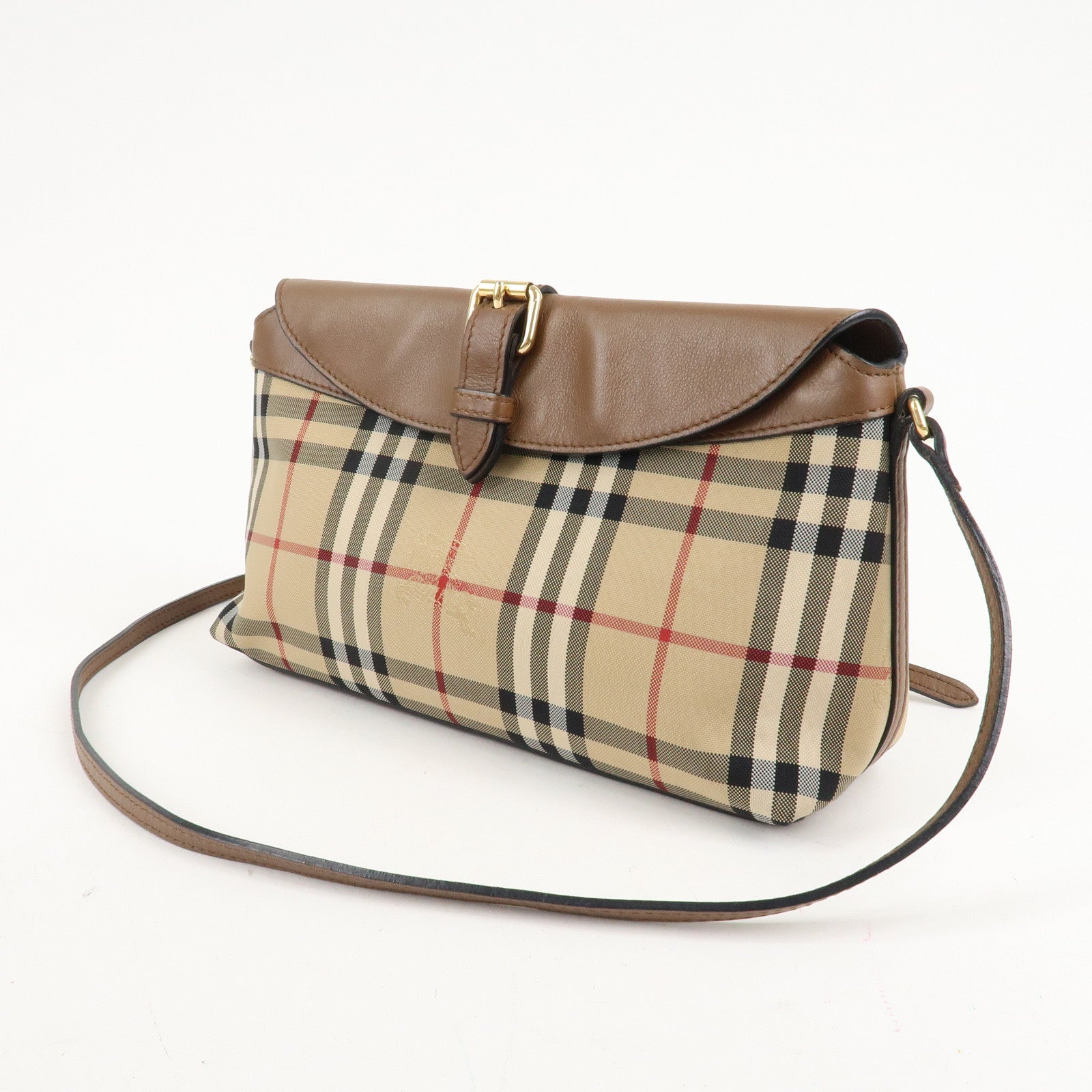 BURBERRY Nylon Leather Nova Plaid Shoulder Bag Beige Brown