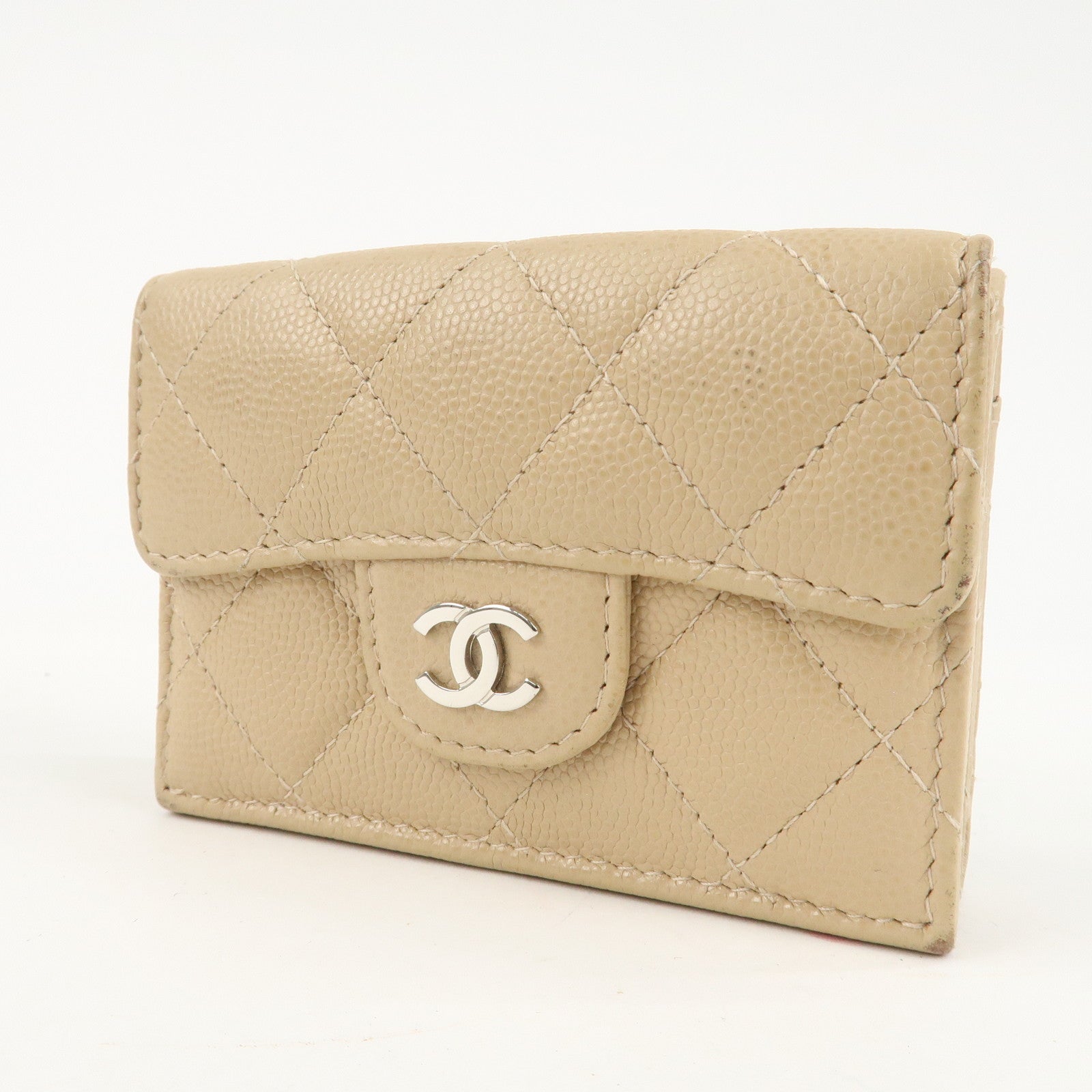 CHANEL Matelasse Cavier Skin Compact Wallet Beige Silver HDW