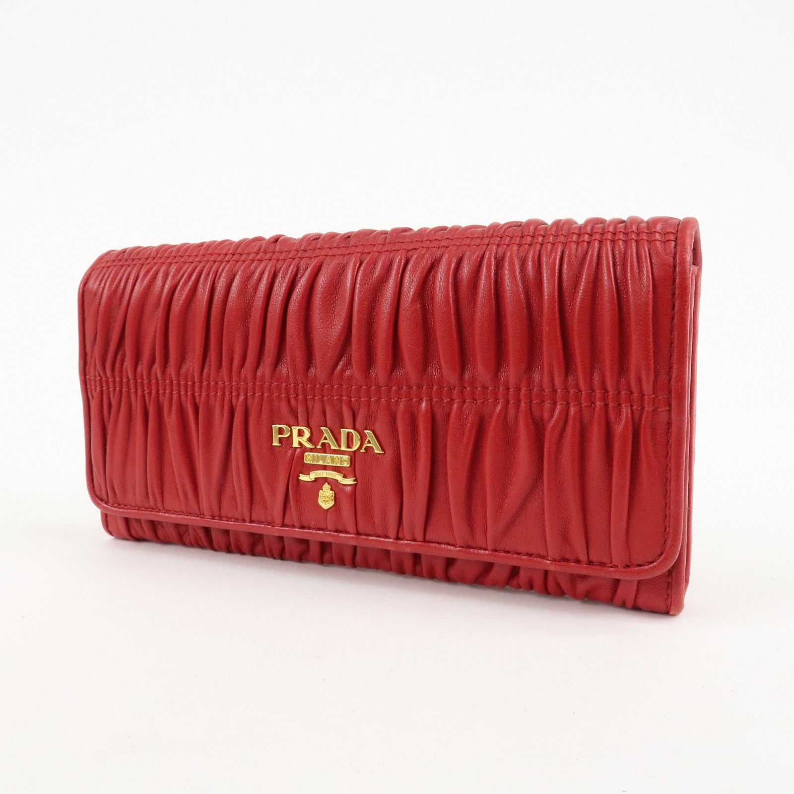 PRADA Logo Leather Bi-Fold Long Wallet Red Gold Hardware