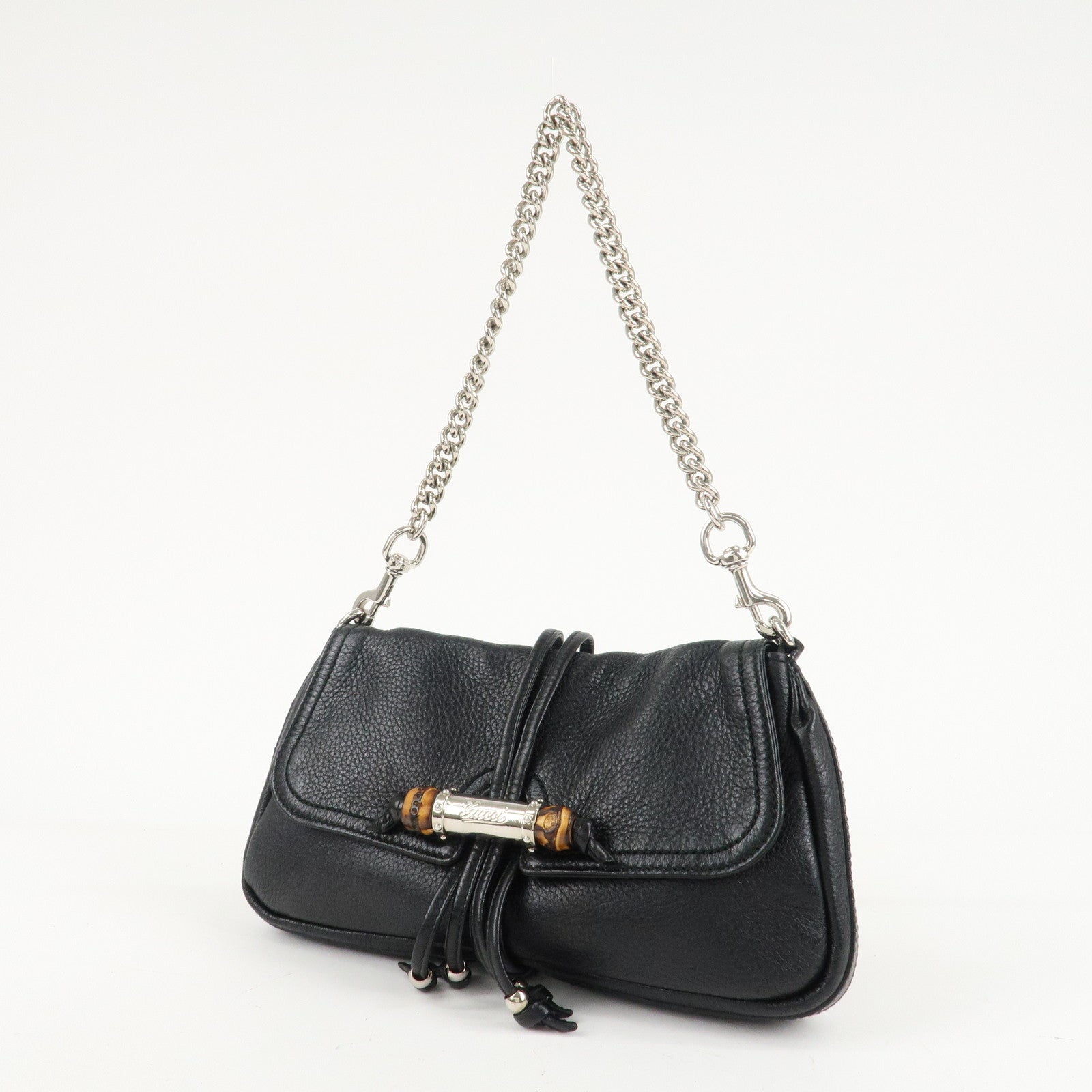 GUCCI Bamboo Leather Chain Shoulder Bag Black 235320