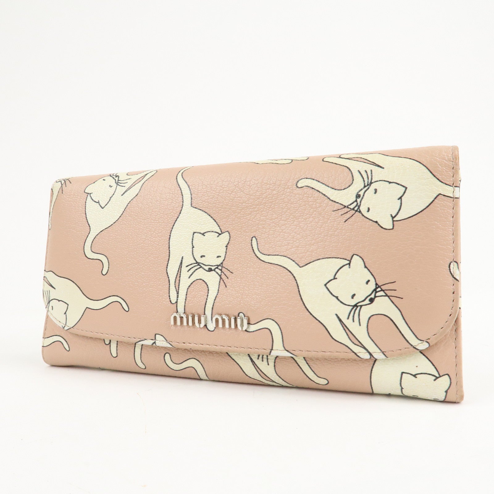 MIU MIU Leather Cat Motif Long Wallet Pink Beige 5MH109 Used