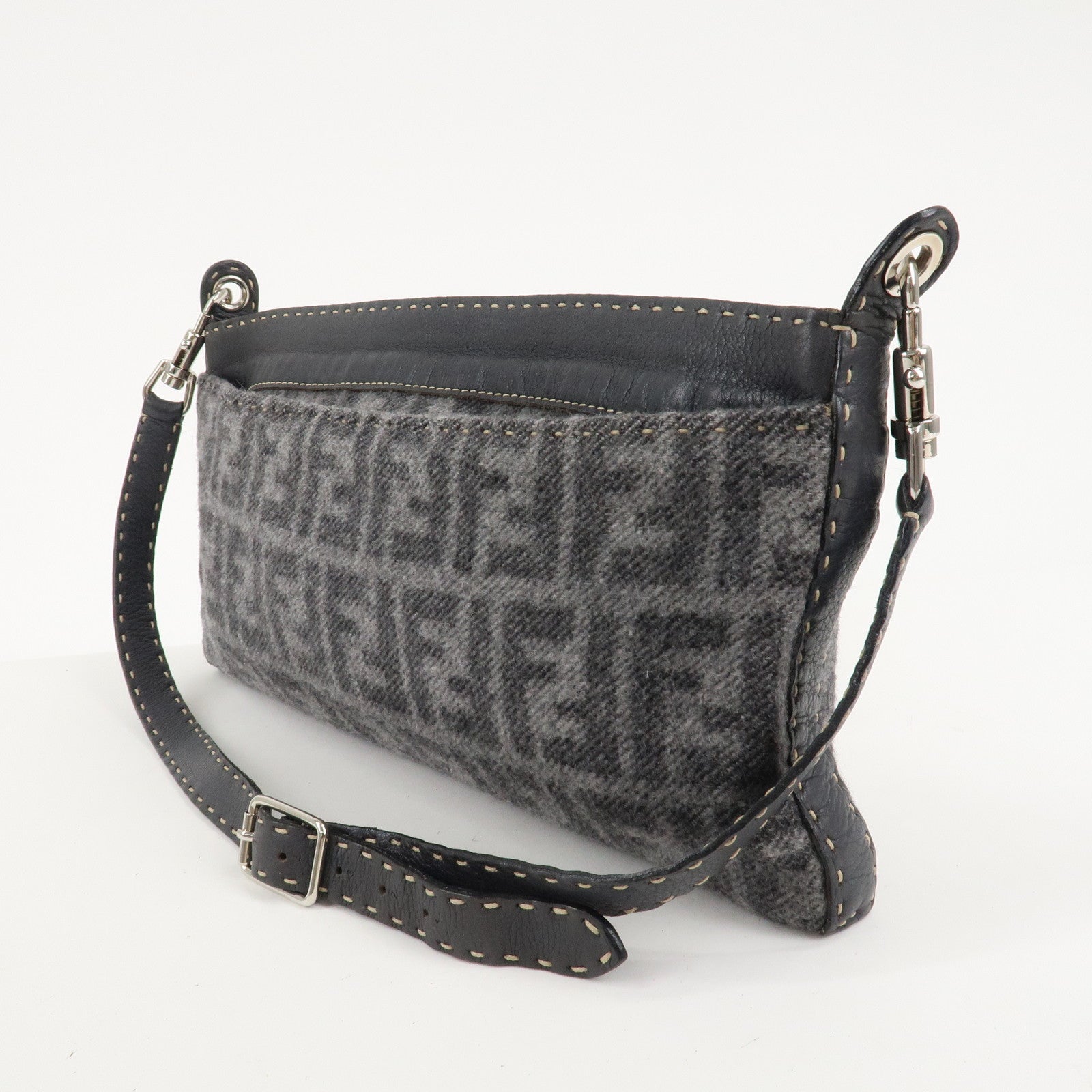 FENDI Zucca Selleria Wool Shoulder Bag Gray Silver Hardware Used