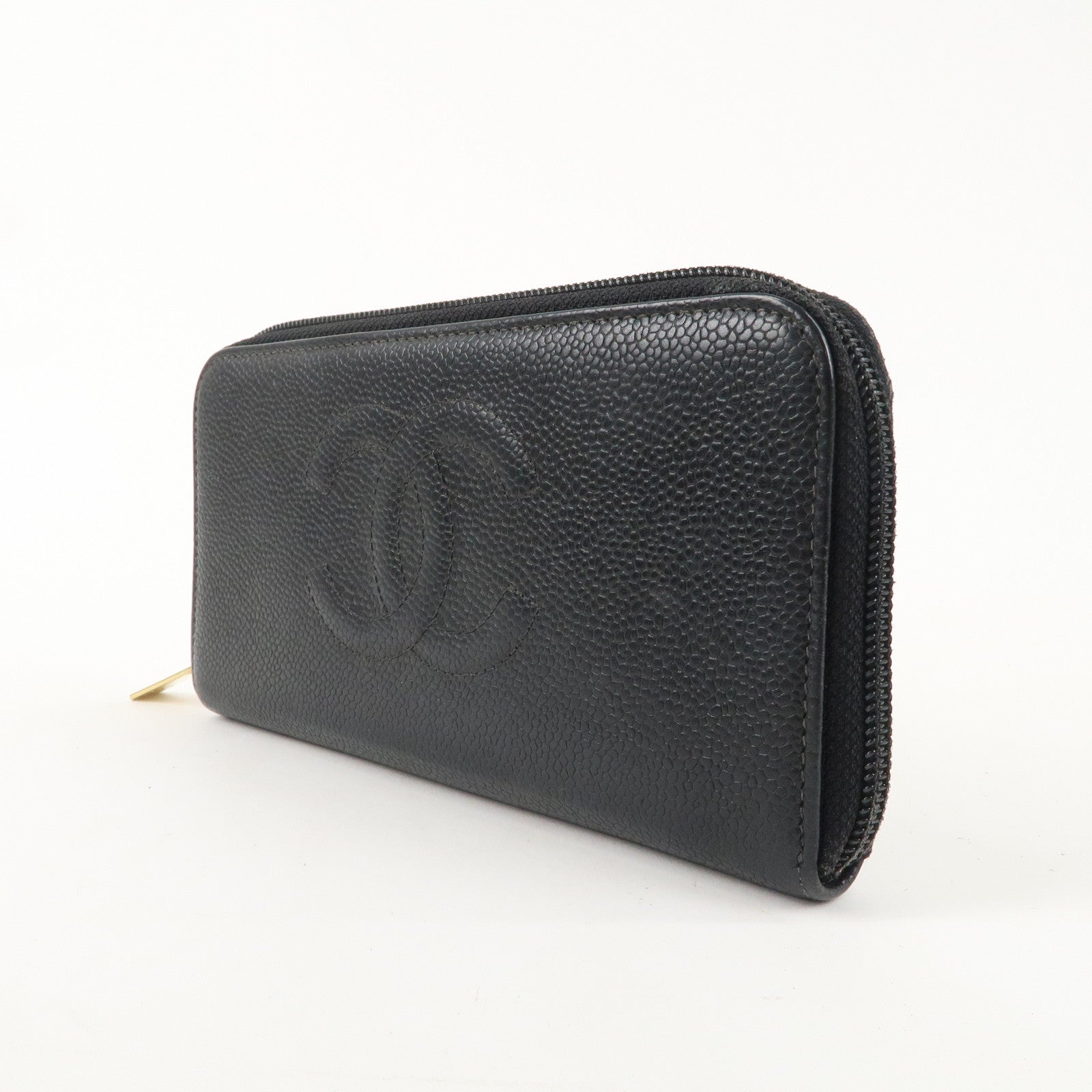 CHANEL Caviar Skin Round Zippy Long Wallet Black A13228