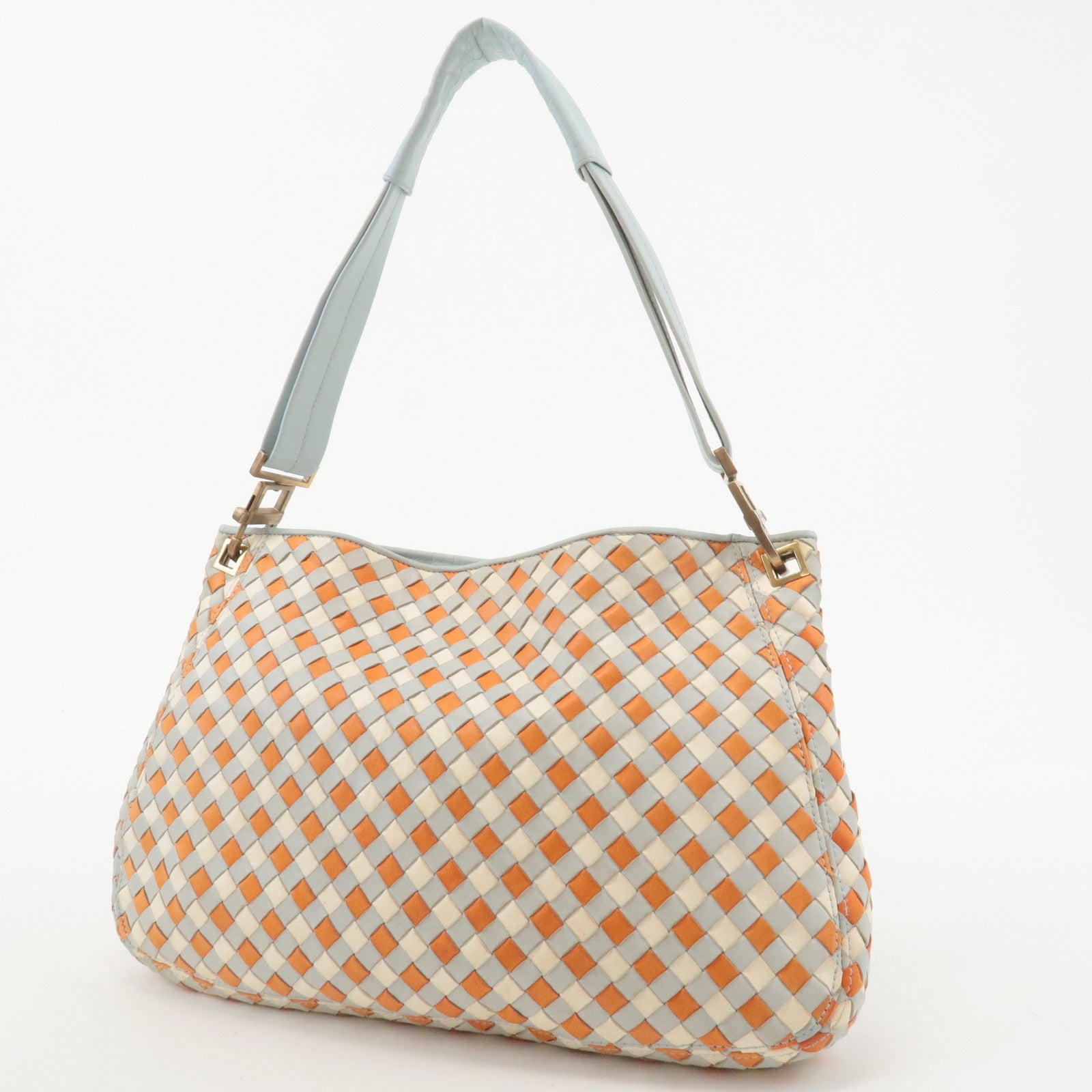 BOTTEGA VENETA Intrecciato Leather Shoulder Bag Blue Ivory Orange