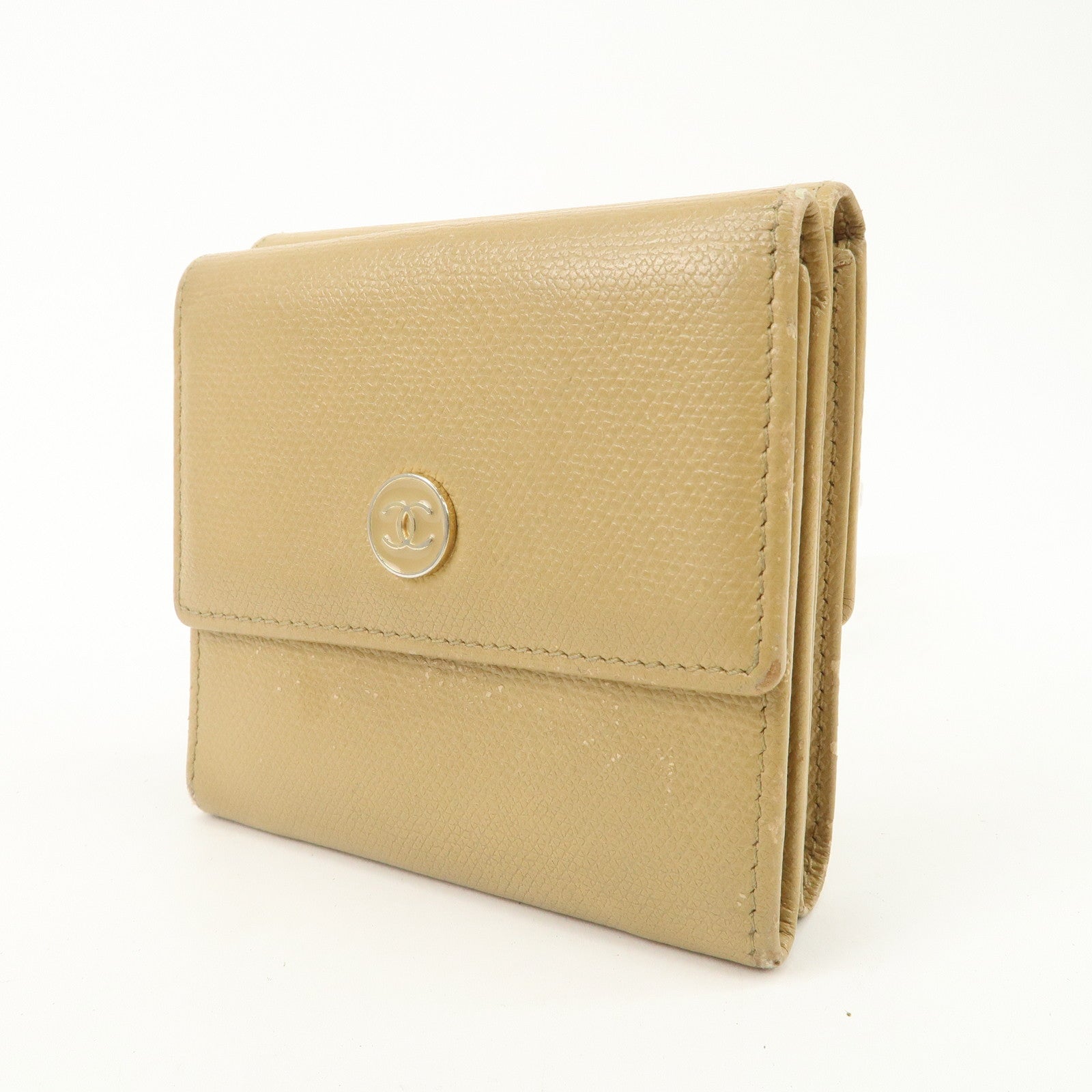 CHANEL Leather COCO Botton W Hook Wallet Beige