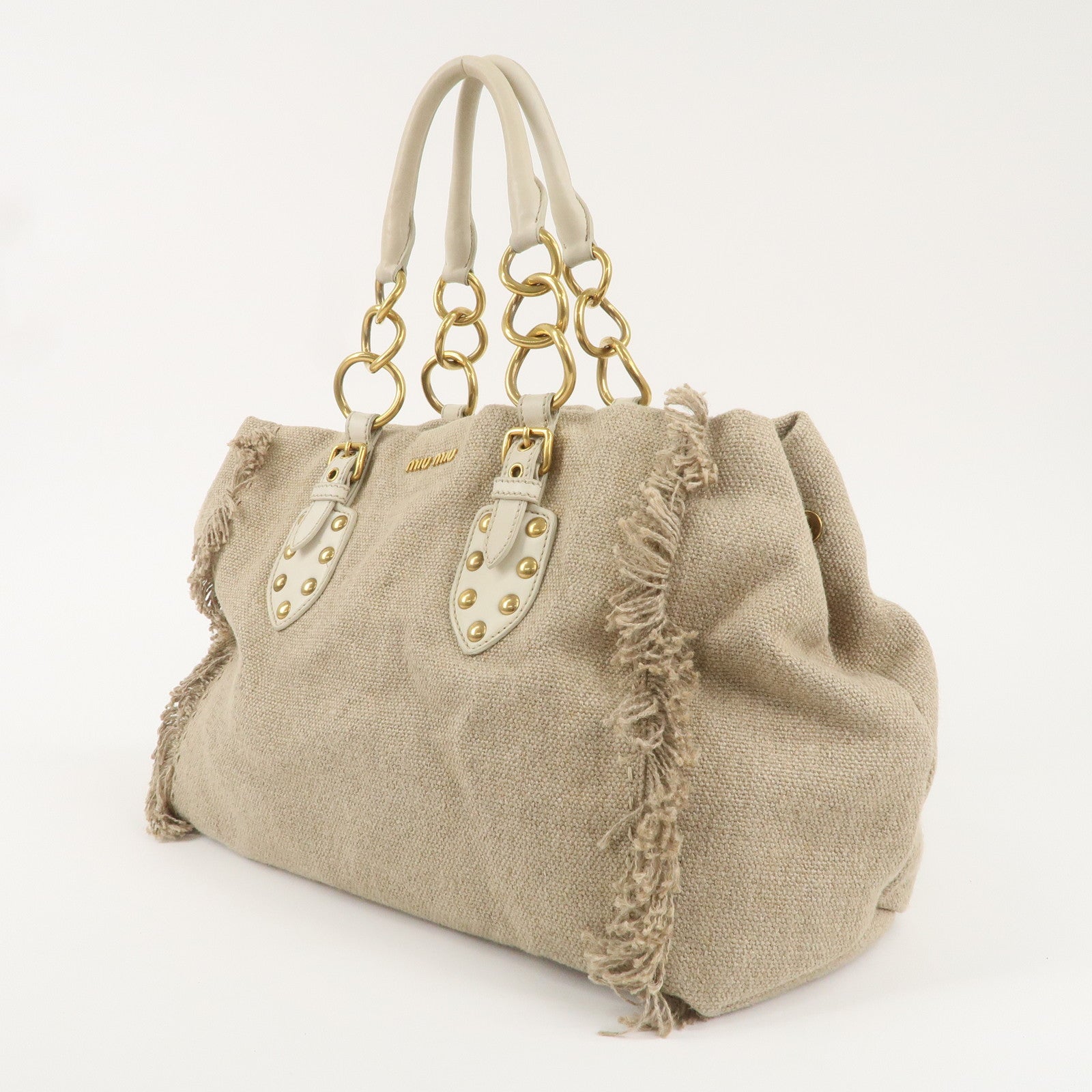 MIU MIU Canvas Leather Tote Bag Beige Gold Hardware