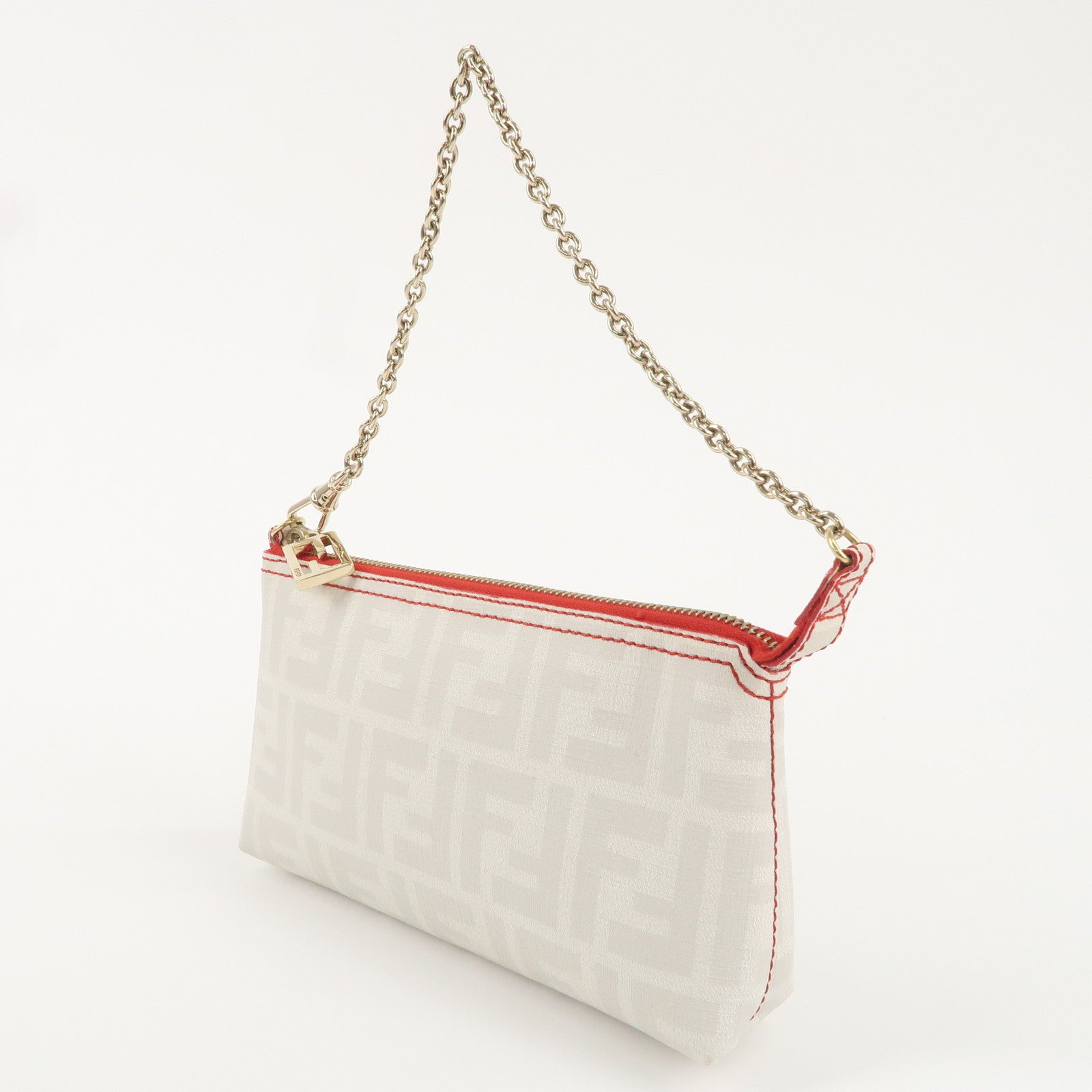 FENDI Zucca Print PVC Chain Pouch Mini Bag White Red 8BR592