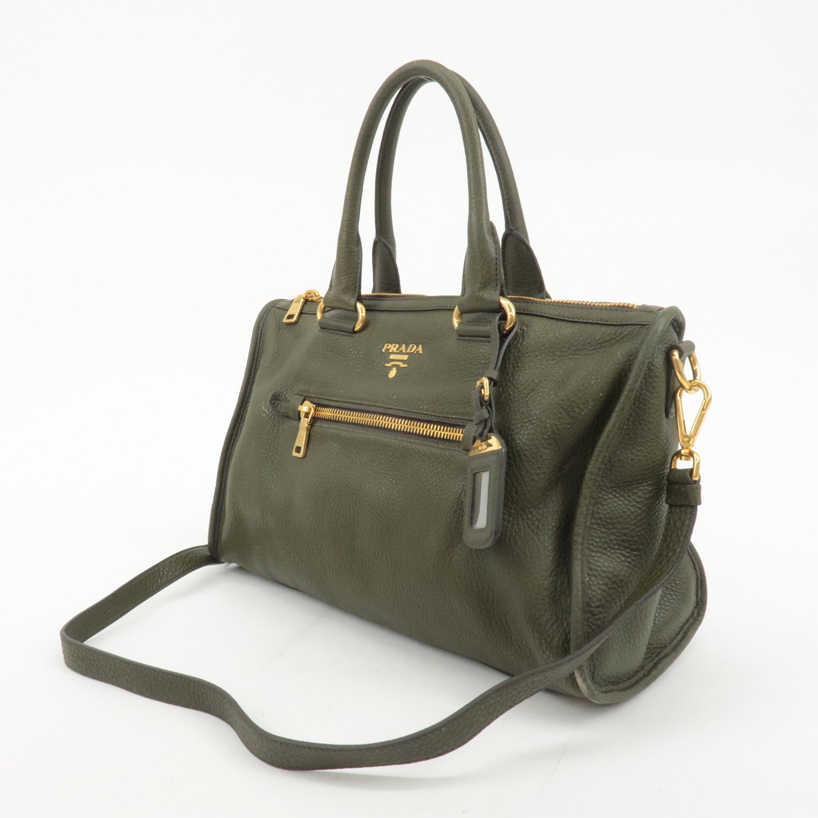 PRADA Leather 2Way Bag Hand Bag Shoulder Bag Khaki BL0805